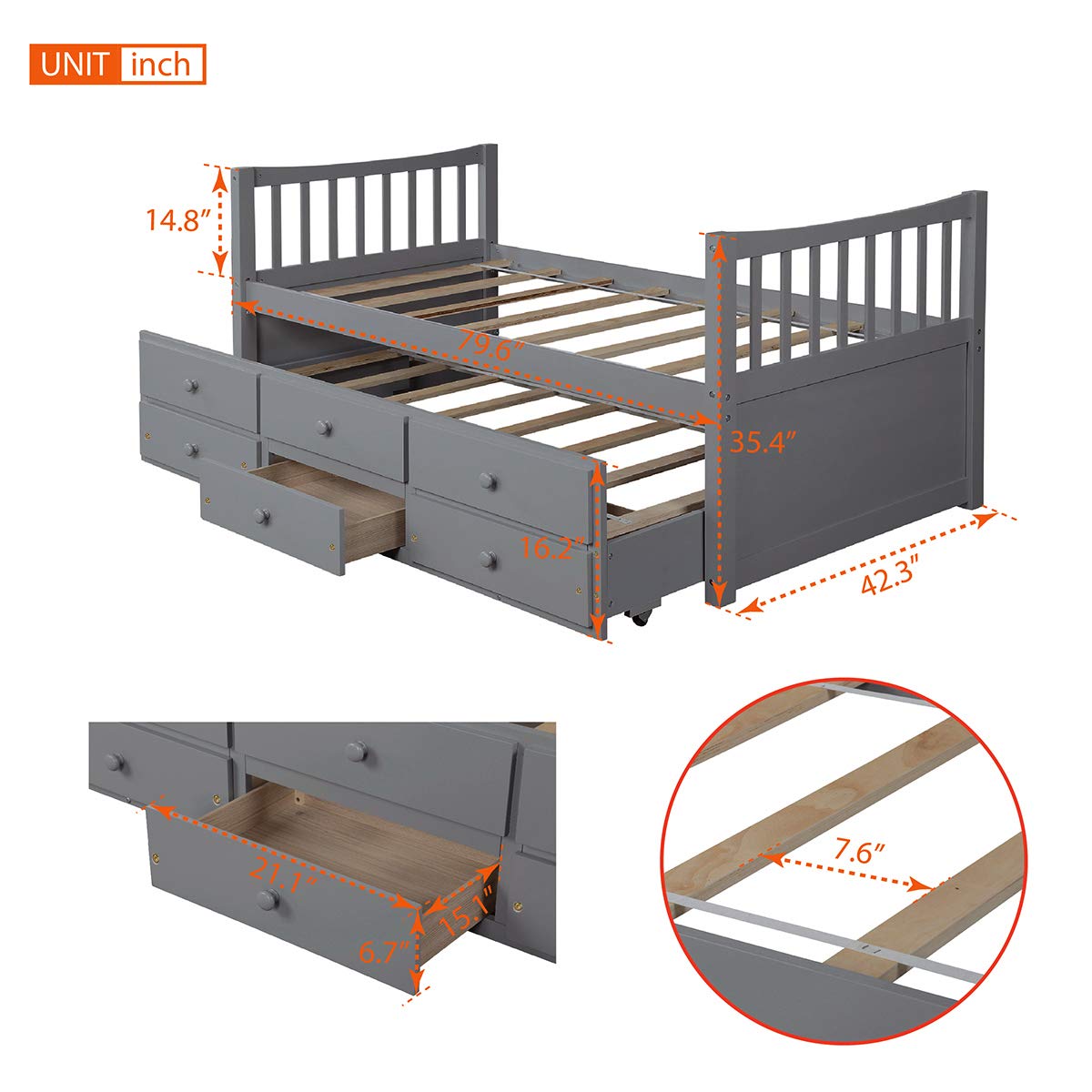 LZ LEISURE ZONE Twin Size Captain's Bed with Trundle and 3 Storage Drawers - Space-Saving Daybed for Small Rooms, Guest Bed or Kids Bedroom (Grey)