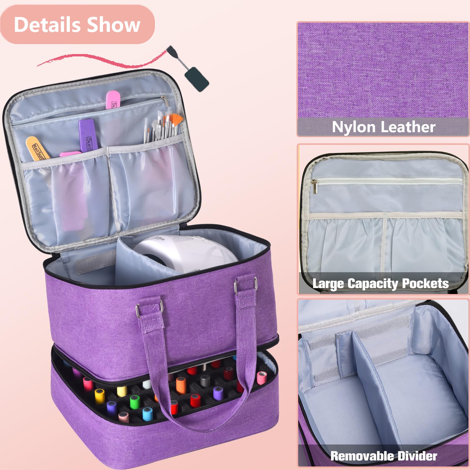 Premium Nail Polish Organizer Case - Holds 42+ Bottles (15ml/0.5 fl.oz) & 1 Nail Lamp, Double-Layer Portable Nail Art Storage Bag with Handles (Purple) - Perfect for Salon Professionals, Home Manicures & Travel Nail Kits