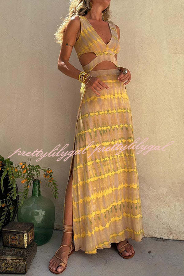 Eleanor Tie Dye Print Cutout Design Slit Stretch Dress - Women's Boho Chic Summer Party Outfit for Beach, Music Festivals & Date Nights