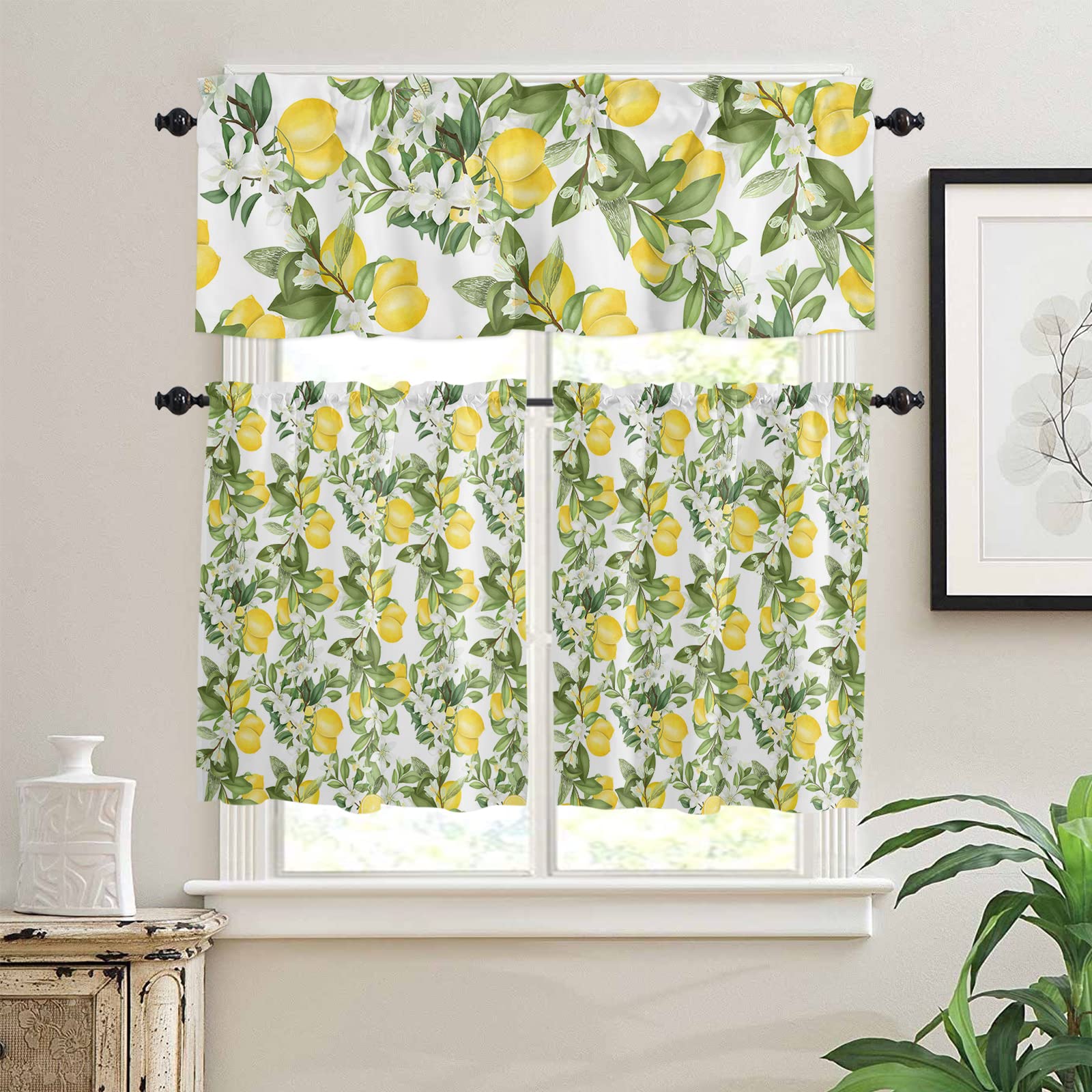 Lemon & Floral Semi-Sheer Kitchen Curtain Set - 3 Piece Rod Pocket Window Valance & Tier Curtains in White, Simple Style for Bedroom & Living Room - Perfect for Farmhouse Decor, Cottage Windows & Cozy Home Styling