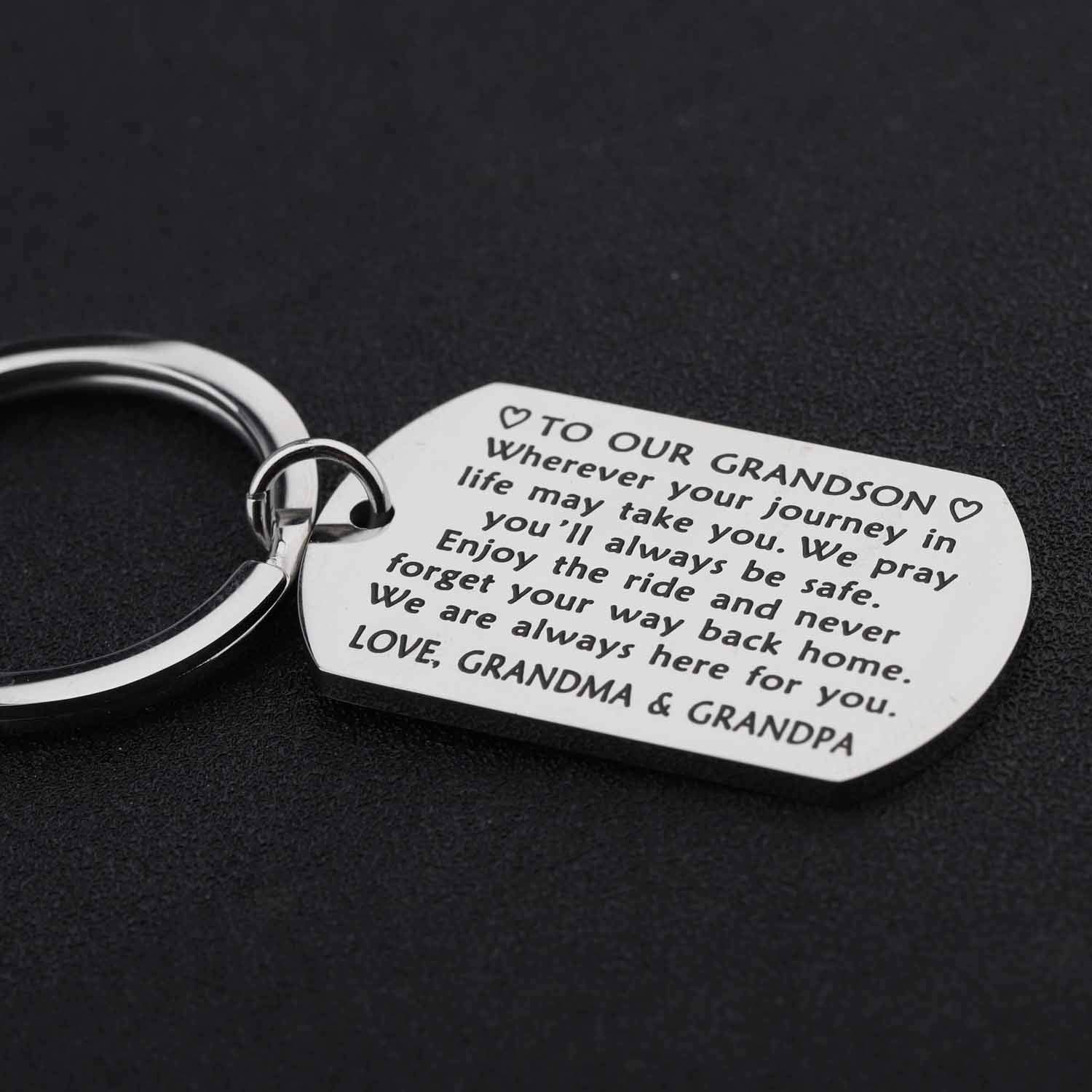 Personalized Grandson Keychain - Engraved Gift for Grandson from Grandparents | Birthday, Graduation & Special Occasion Present | Perfect for School Backpacks, Key Rings & Memory Keepsakes