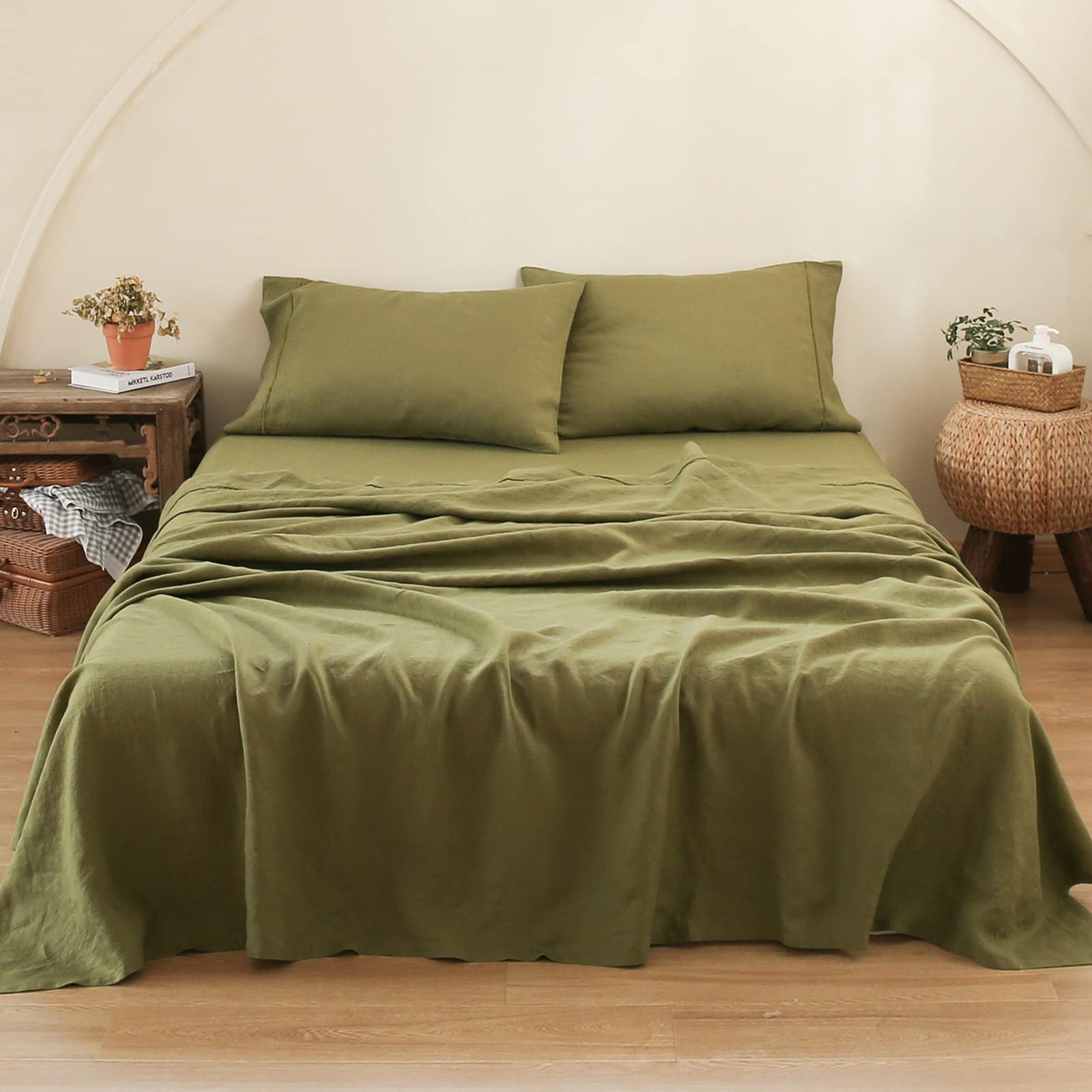 100% Pure Linen Sheet Set Full Size - Natural French Flax 4-Piece Washed Breathable Bedding (Flat Sheet, Fitted Sheet, 2 Pillowcases) in Olive Green with Embroidery | Farmhouse & Bohemian Style | Perfect for Hot Sleepers & Eco-Friendly Homes