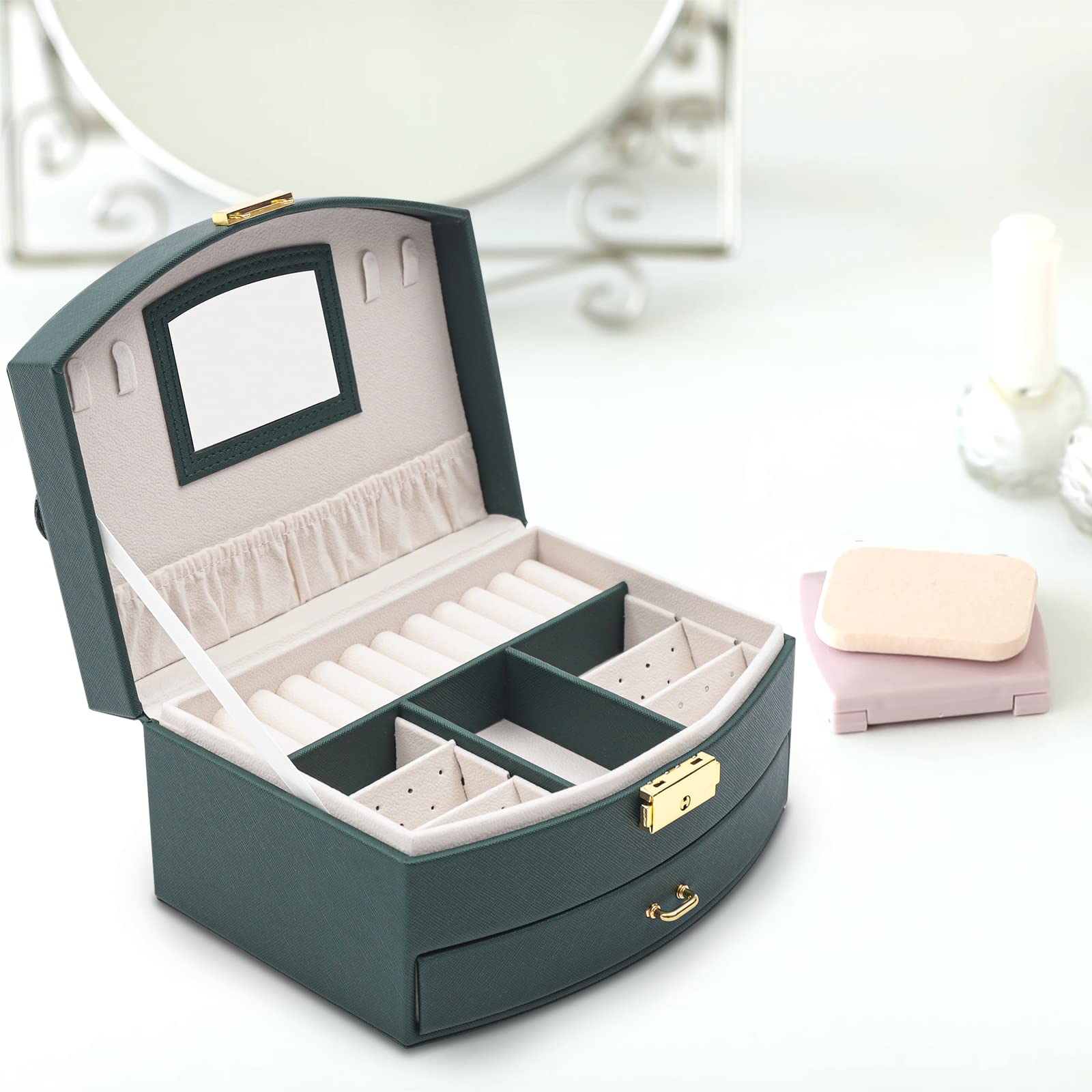 DYRABREST 2-Layer Wooden Jewelry Organizer Box with Mirror & Ring Tray - Earring, Necklace, Bracelet Display and Storage Case for Women (Green) - Perfect for Bedroom, Travel, and Gift Giving