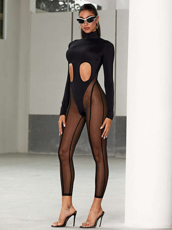 ZASUWA Women's Sexy Cutout Mesh Zipper Bodysuit Jumpsuit - Clubwear, Night Out, Party Outfit, Halloween Costume