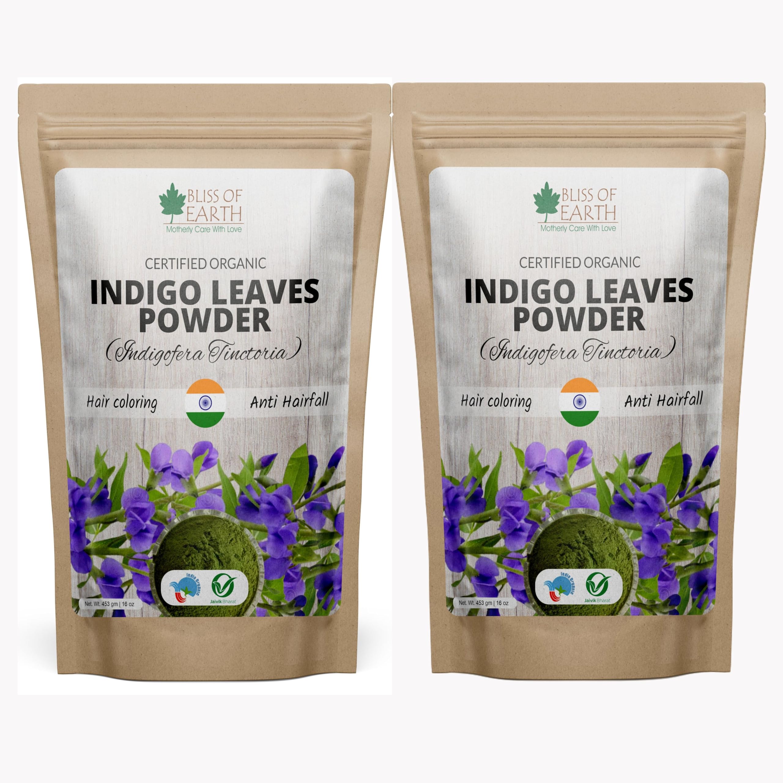 Organic Indigo Powder for Natural Hair Dye - Bliss of Earth 100% Pure Herbal Hair Color (Pack of 2 x 453g) - Safe Gray Coverage & DIY Henna Mix for Men & Women
