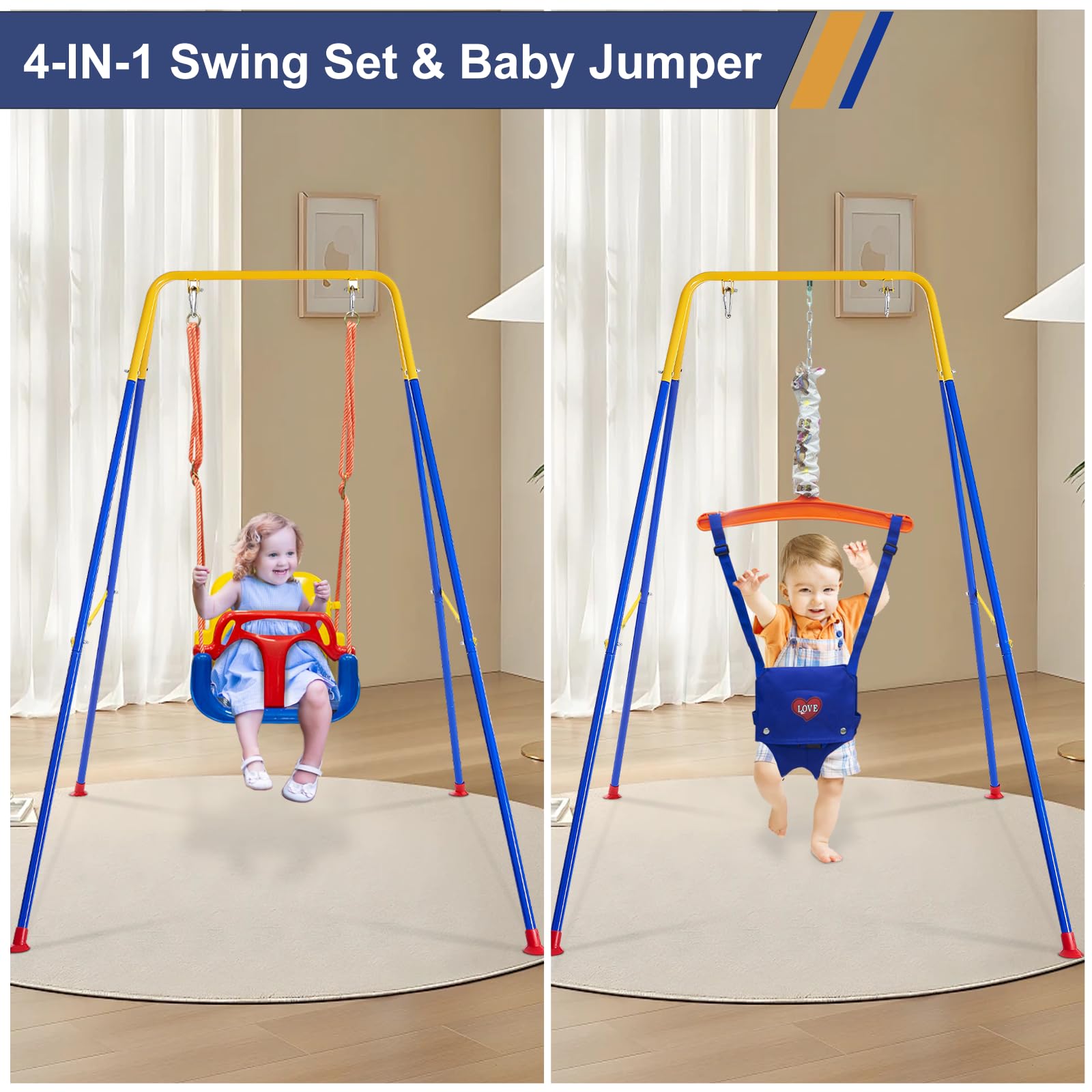 3-in-1 Foldable Baby Swing Set with Metal Stand - Indoor/Outdoor Toddler Swing & Jumper for Kids 6 Months to 10 Years | Perfect for Backyard, Playroom & Park Adventures