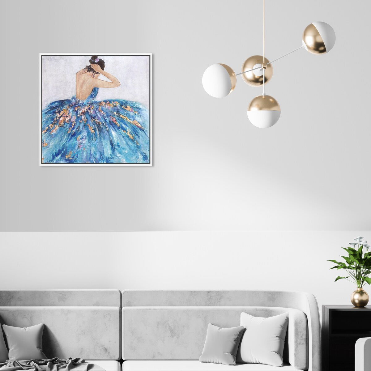 Elegant Princess Dress Glam Blue Framed Canvas Wall Art Print - Blue & Festive Home Decor for Bedroom, Living Room, Nursery | Perfect Gift for Girls, Women & Teens