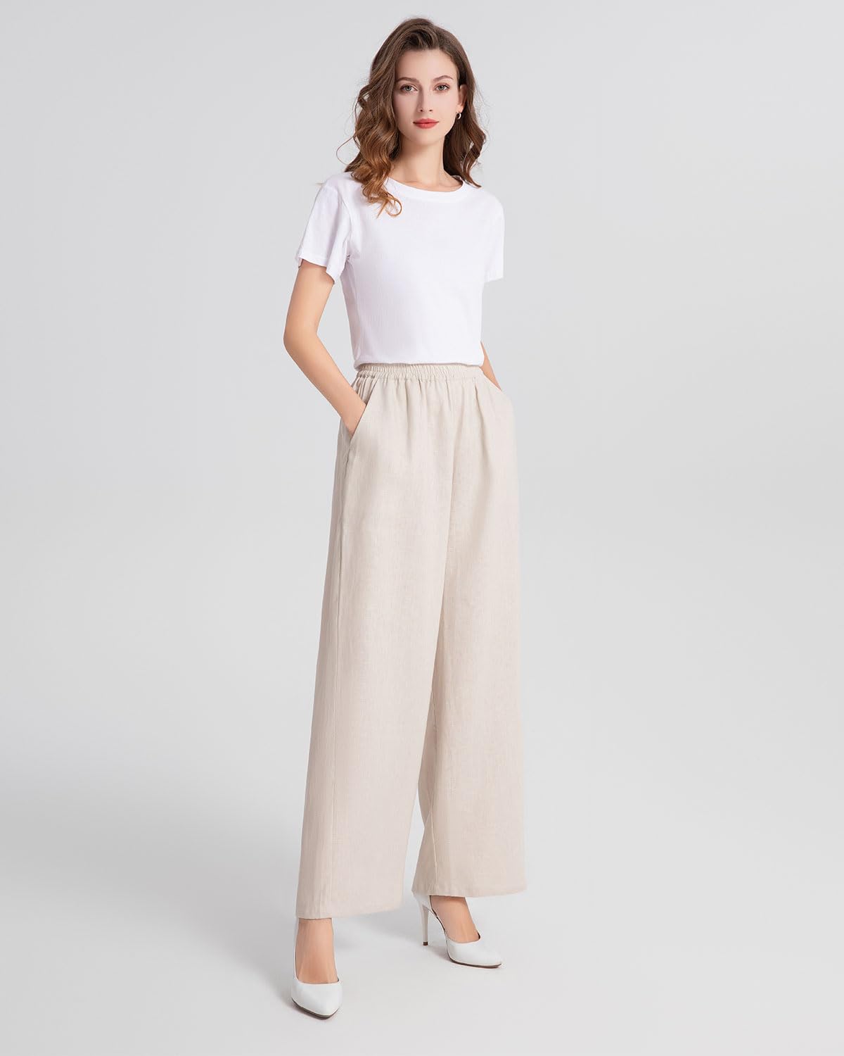 IXIMO Women's Linen Pants - Elastic Waist Wide Leg Palazzo Trousers | Comfortable Summer Casual Pants for Beach, Travel & Lounge Wear