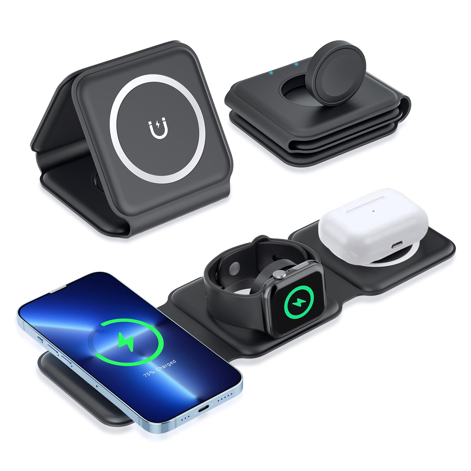 3-in-1 Magnetic Wireless Charging Station | Foldable Travel Charger for iPhone 14/13/12/11 Pro/XS/XR, AirPods 3/2/Pro & Apple Watch | Fast Wireless Charger Stand (Black) - Perfect for Home, Office & Travel Use