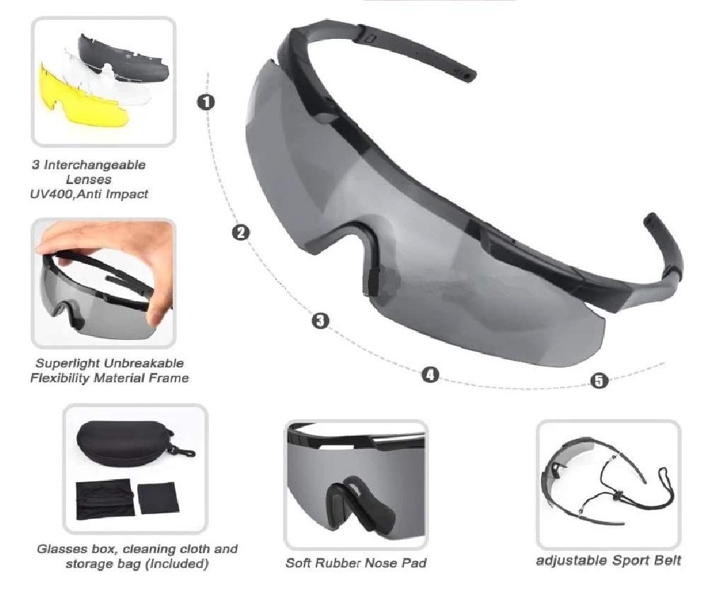 GALAXYLENSE ICE Tactical Combat Glasses for Men - Polarized Shooting & Hunting Glasses with 3 Interchangeable Lenses - UV Protection for Outdoor Sports, Military, and Airsoft Activities