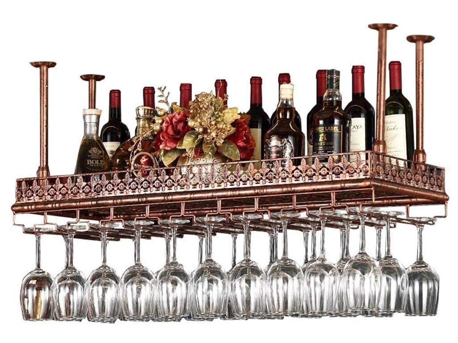 Vintage European Style Wall Mounted Wine Rack - Rustic Brown Wooden Hanging Glass Holder for Bar, Kitchen & Dining Room - 60x35cm Creative Upside Down Cup Storage Solution - Perfect for Home Decor & Entertaining Guests