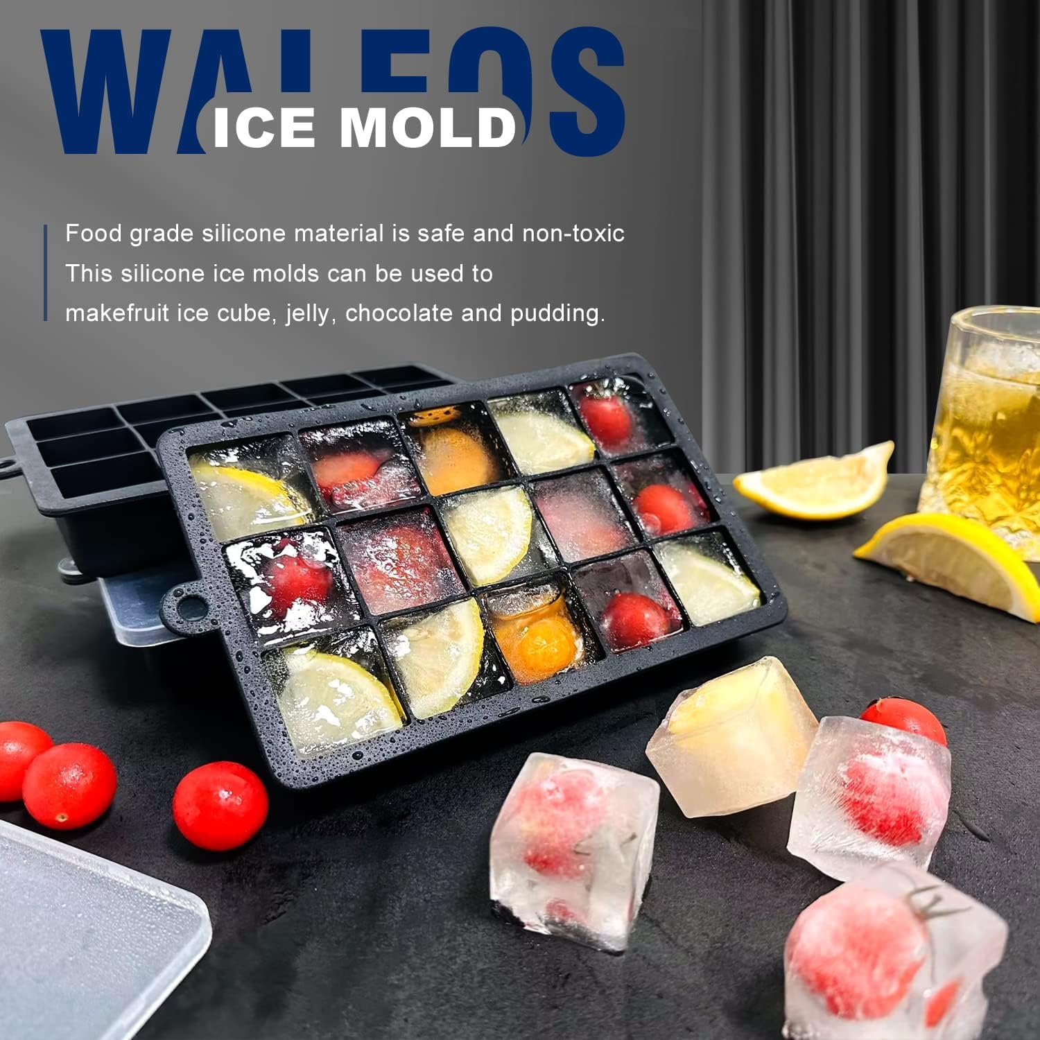 Walfos 3-Pack Silicone Ice Cube Tray Set with Storage Bin & Lid - Easy Release Square Ice Molds for Freezer - Perfect for Cocktails, Iced Coffee, Whiskey & Cold Drinks - Includes Ice Tongs for Home Bars & Parties