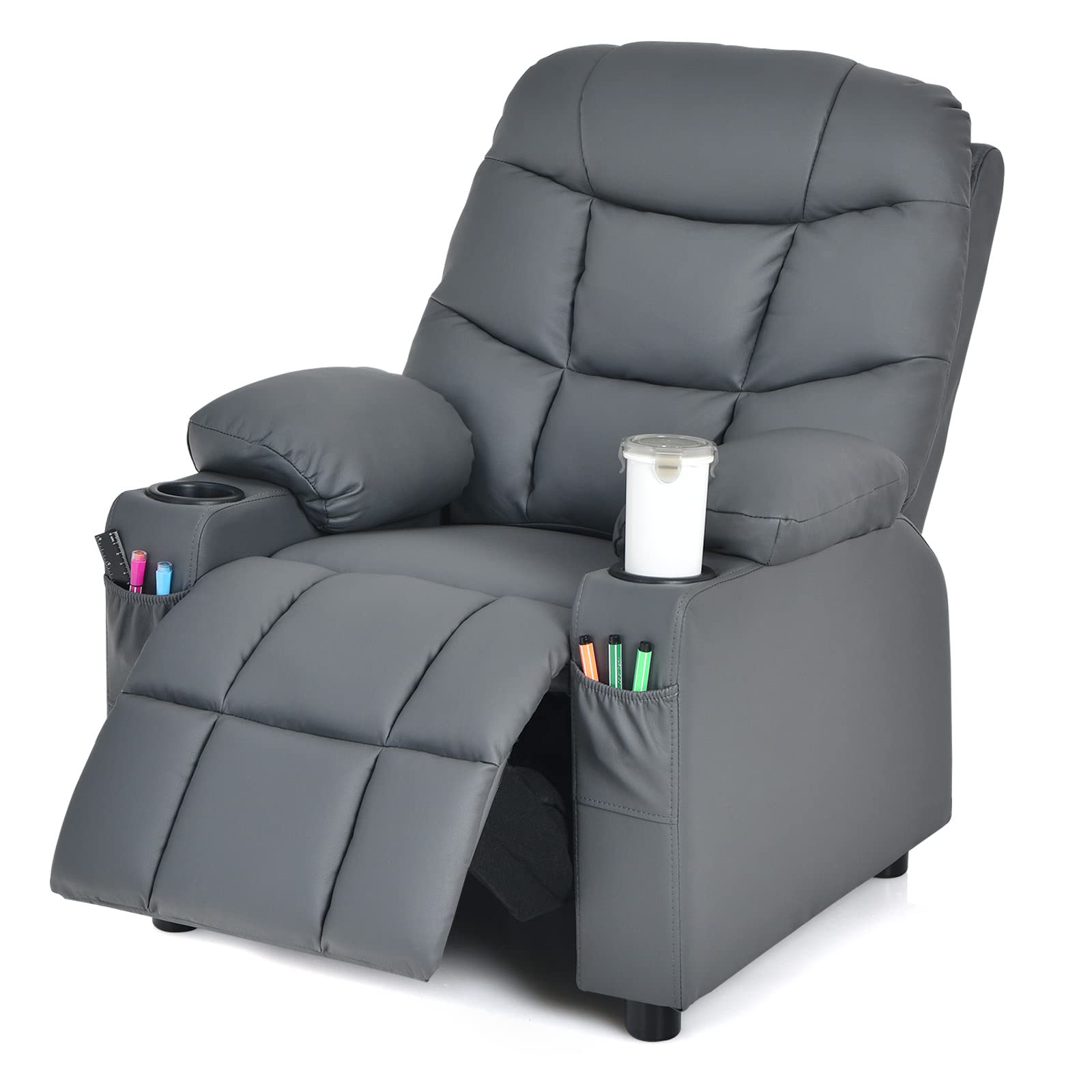 MAT EXPERT Kids Recliner - Adjustable Leather Gaming & Reading Chair with 2 Cup Holders, 3 Side Pockets & Footrest - Toddler Lounge Chair for Boys & Girls - Perfect for Playroom, Nursery, Bedroom & Living Room (Grey)