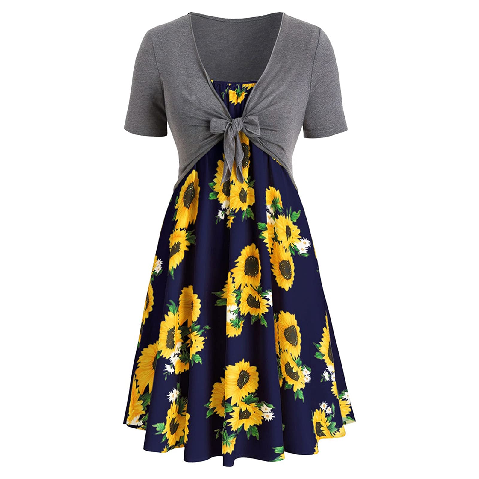 Handyulong Women's Summer Two-Piece Outfit with Bowknot Bandage Top & Sunflower Print - Plus Size Floral Dresses for Beach, Vacation & Casual Wear