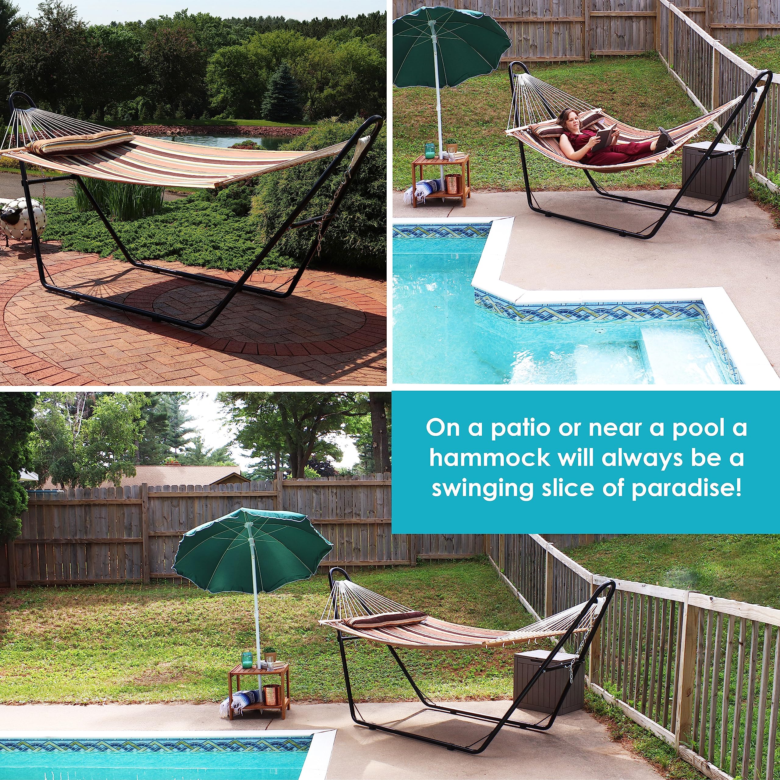 Sunnydaze Double Quilted Fabric Hammock with Universal Steel Stand - 450lb Weight Capacity - Black Stand - Perfect for Backyard, Patio, Beach & Outdoor Relaxation