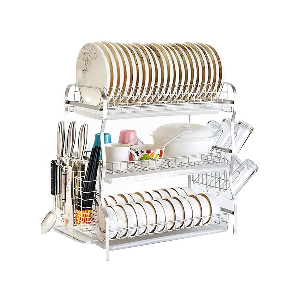 3-Tier Stainless Steel Kitchen Shelf Organizer - Space Saving Storage Rack for Cups, Chopsticks & Bowls (57.5×28×54.5cm, Silver) | Perfect for Small Kitchens, Countertop Organization & Dining Room Storage