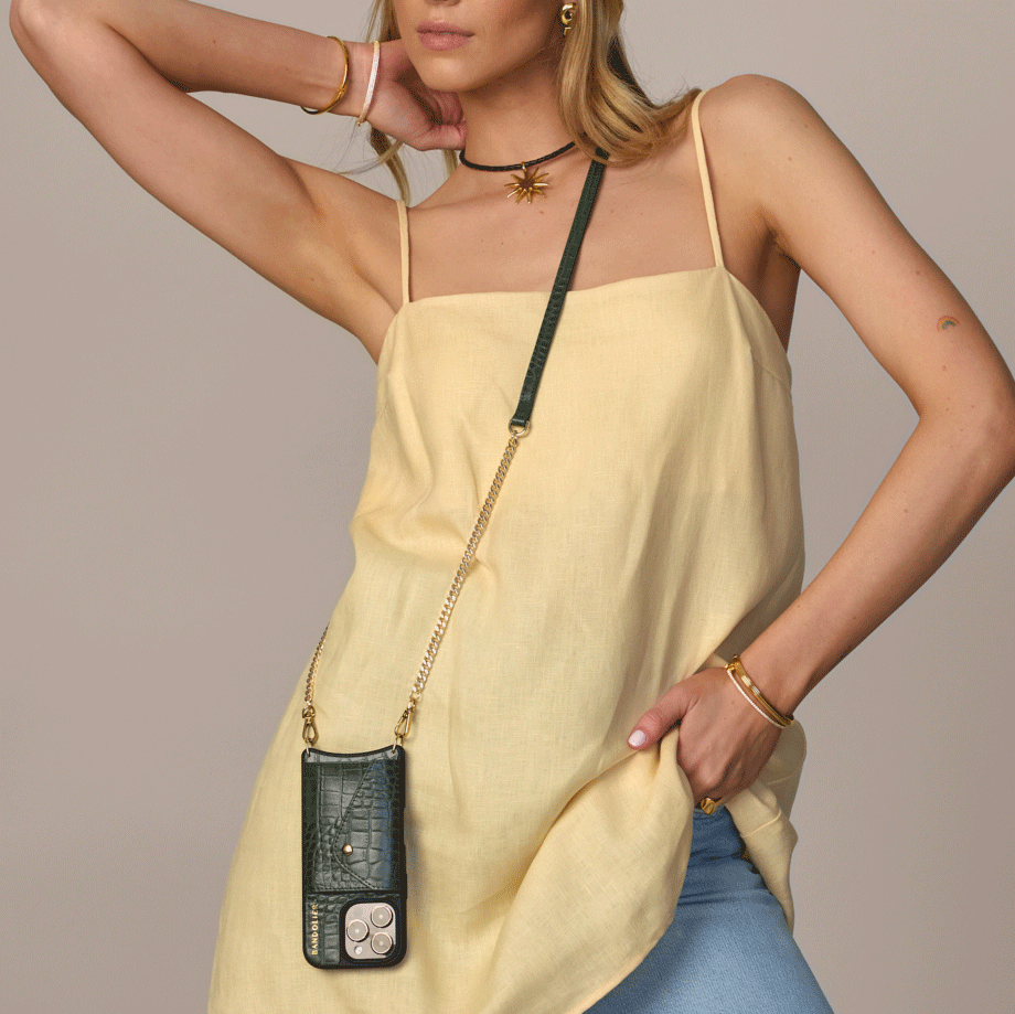 Vivian Crossbody Phone Case with Strap - Dark Green Crocodile Pattern & Gold Accents | Perfect for Hands-Free Convenience While Shopping, Traveling, or Running Errands