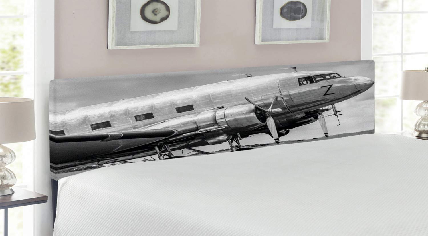 Ambesonne Vintage Airplane Headboard - King Size Upholstered Metal Bed Headboard with Memory Foam | Old Airliner Cockpit Design with Antique Engine Propellers & Wings | Grey Black Decor for Aviation-Themed Bedrooms & Man Caves