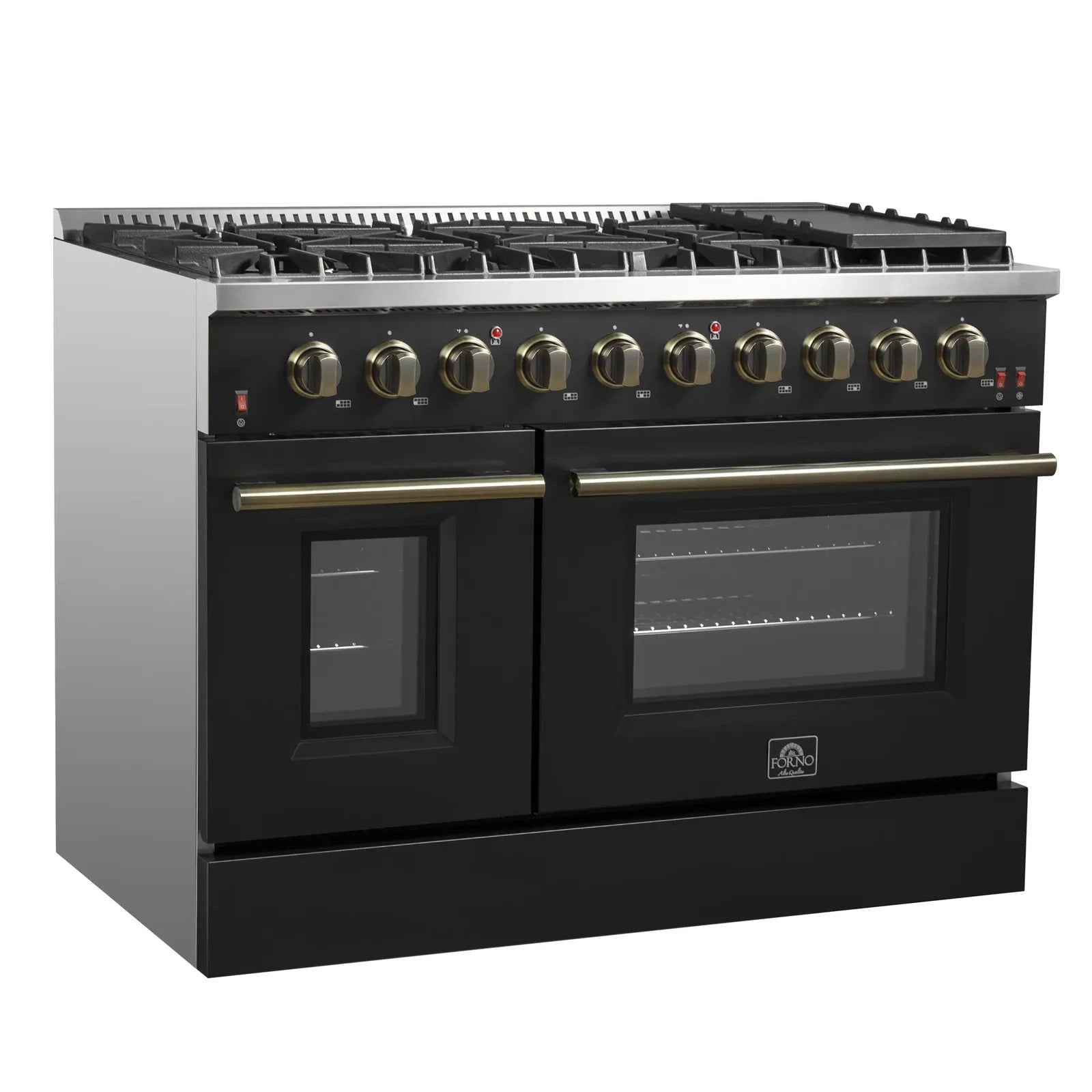 Forno Galiano 48-Inch French Door Freestanding All Gas Range - Black with Antique Brass Trim (Model FFSGS6444 48BLK) | Professional Kitchen Appliance for Home Chefs & Gourmet Cooking