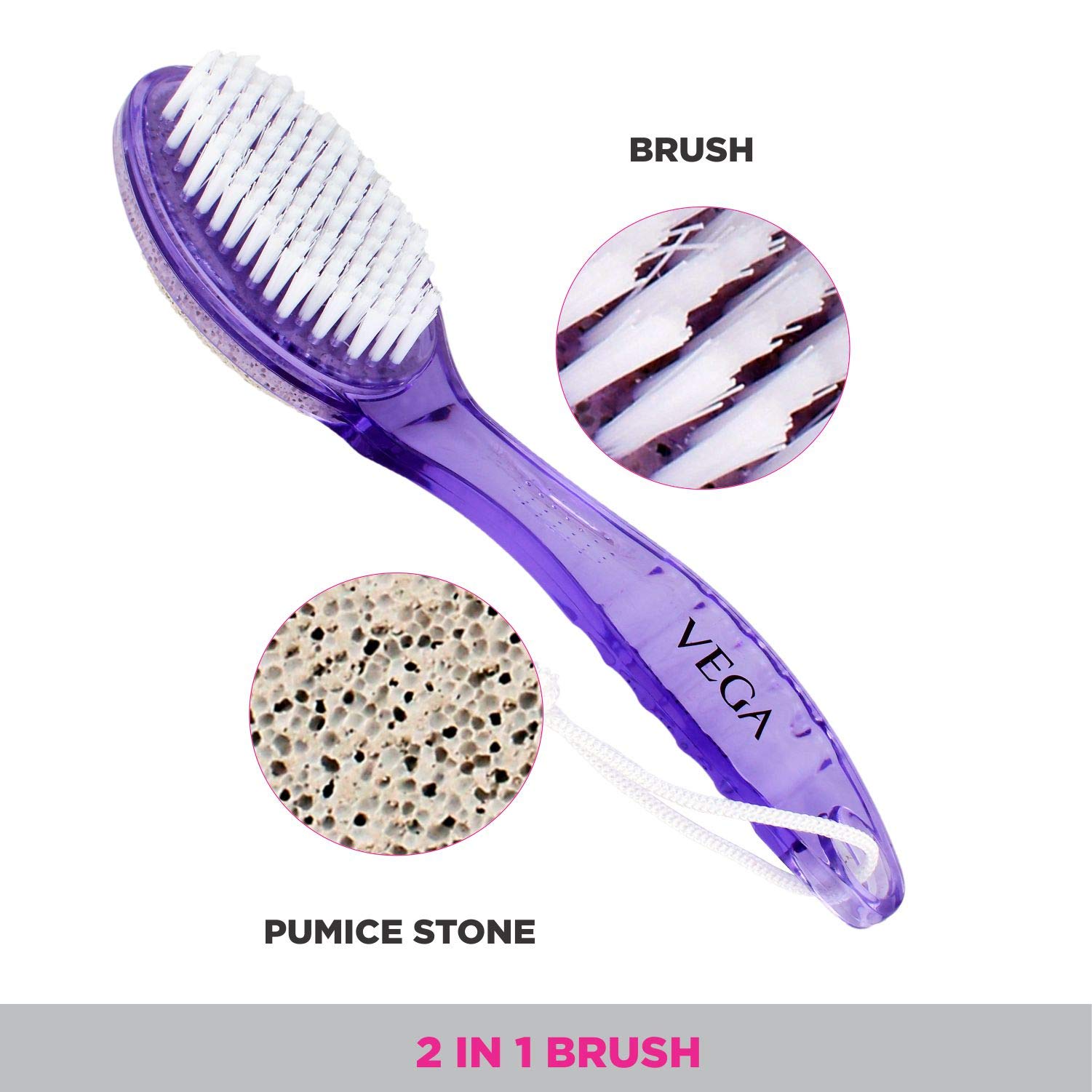 VEGA Pumice Stone & Nail Brush with Handle for Men and Women - Exfoliating Foot Scrubber & Callus Remover - Perfect for Pedicure, Manicure, and At-Home Foot Care (Color May Vary)