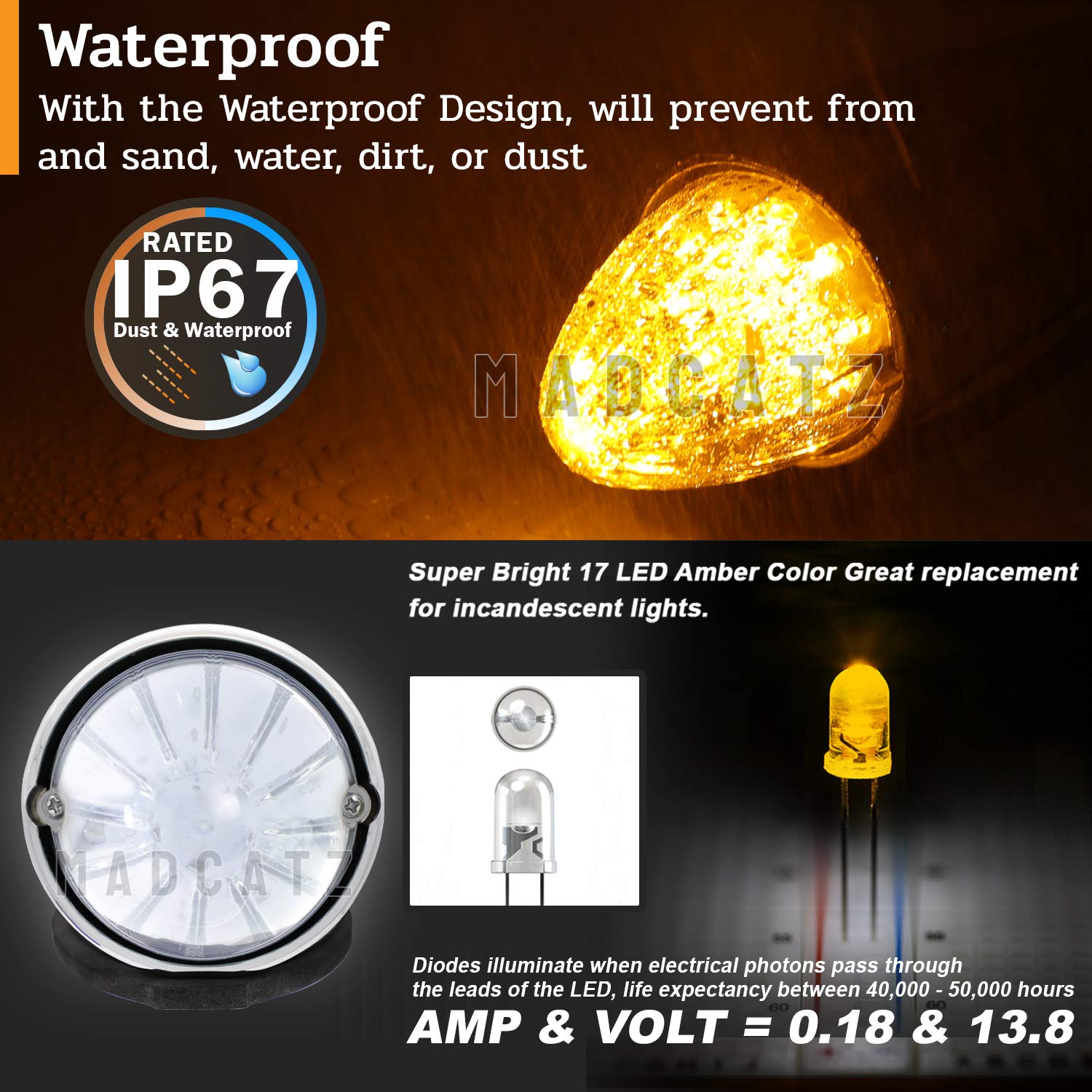 MADCATZ 15.5 Inch Amber LED Clear Lens Torpedo Cab Marker Lights (Pack of 5) - 12V DC Waterproof Roof Running Lights for Trucks & Trailers - Durable Chrome Housing for Heavy Duty Vehicles | Perfect for Semi Trucks, RV Campers, Commercial Trailers & Off-Road Vehicles