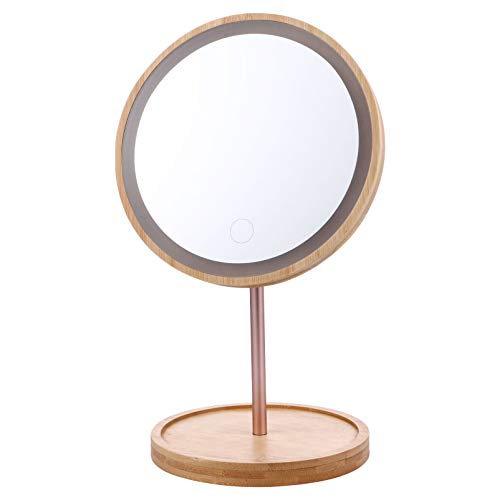 Lurrose Wooden LED Lighted Makeup Mirror - 90° Swivel Vanity Mirror with Adjustable Stand for Dressing Table, Cosmetic Application & Home Decor (Round)
