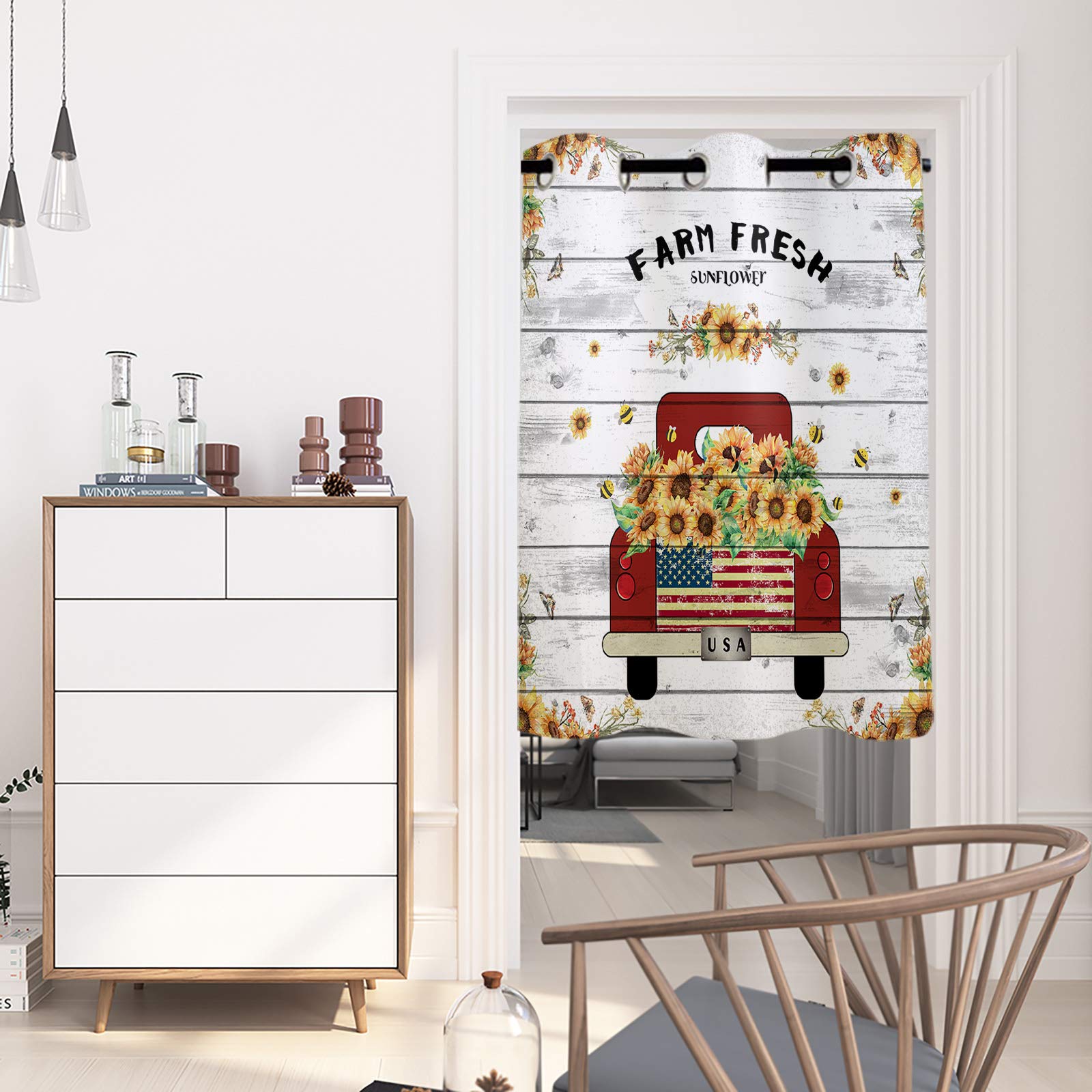 Libaoge Blackout Curtains for Bedroom & Patio - 90 Inch Thermal Insulated Room Darkening Window Drapes with Grommet Top, Farmhouse Sunflower & Red Truck Design - Perfect for Sliding Glass Doors, Living Room & Nursery