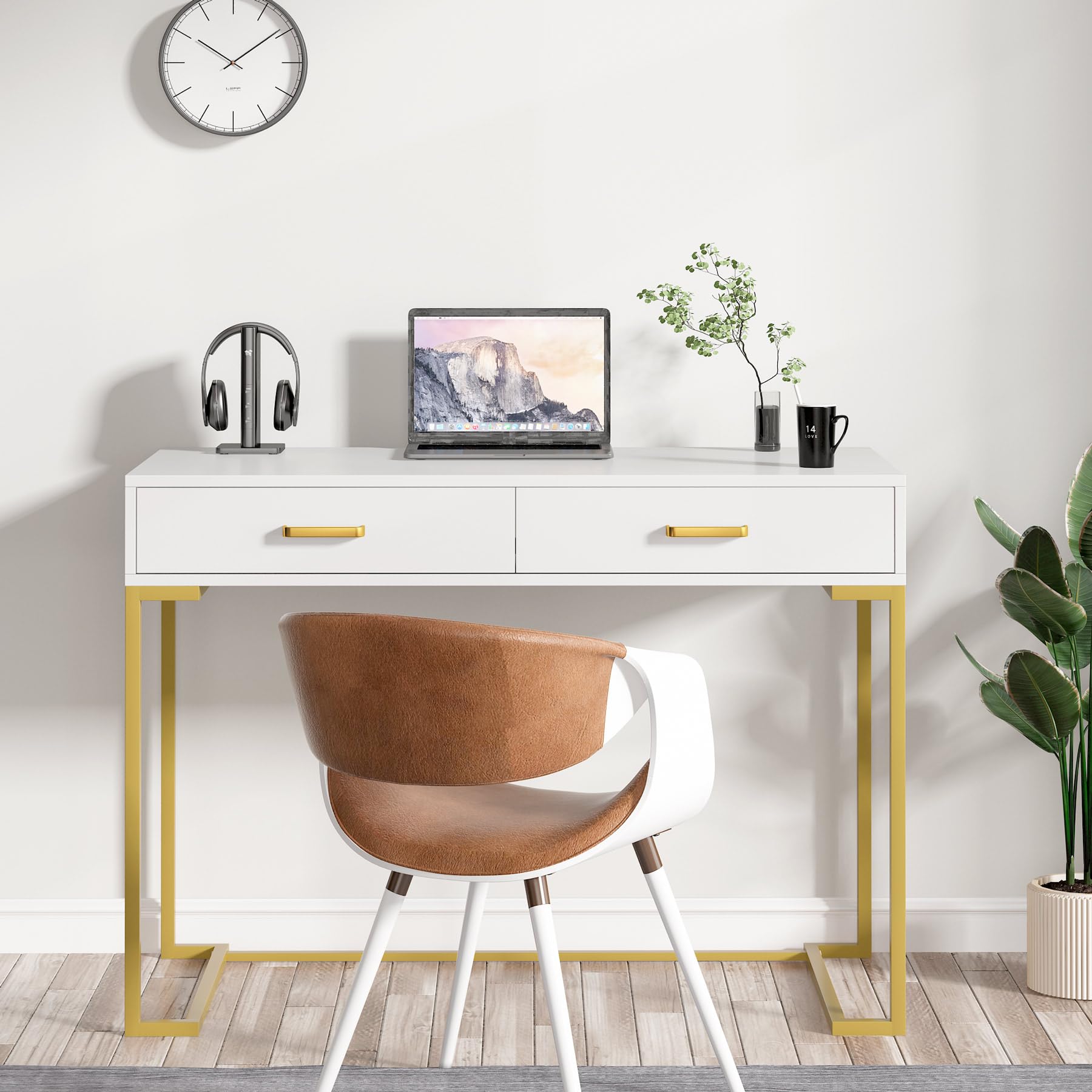 Tribesigns Modern White and Gold Computer Desk with 2 Drawers - Wood Top & Metal Frame, Home Office Writing Desk for Small Spaces, Bedroom or Study - Perfect for Remote Work, Online Classes & Gaming Setup