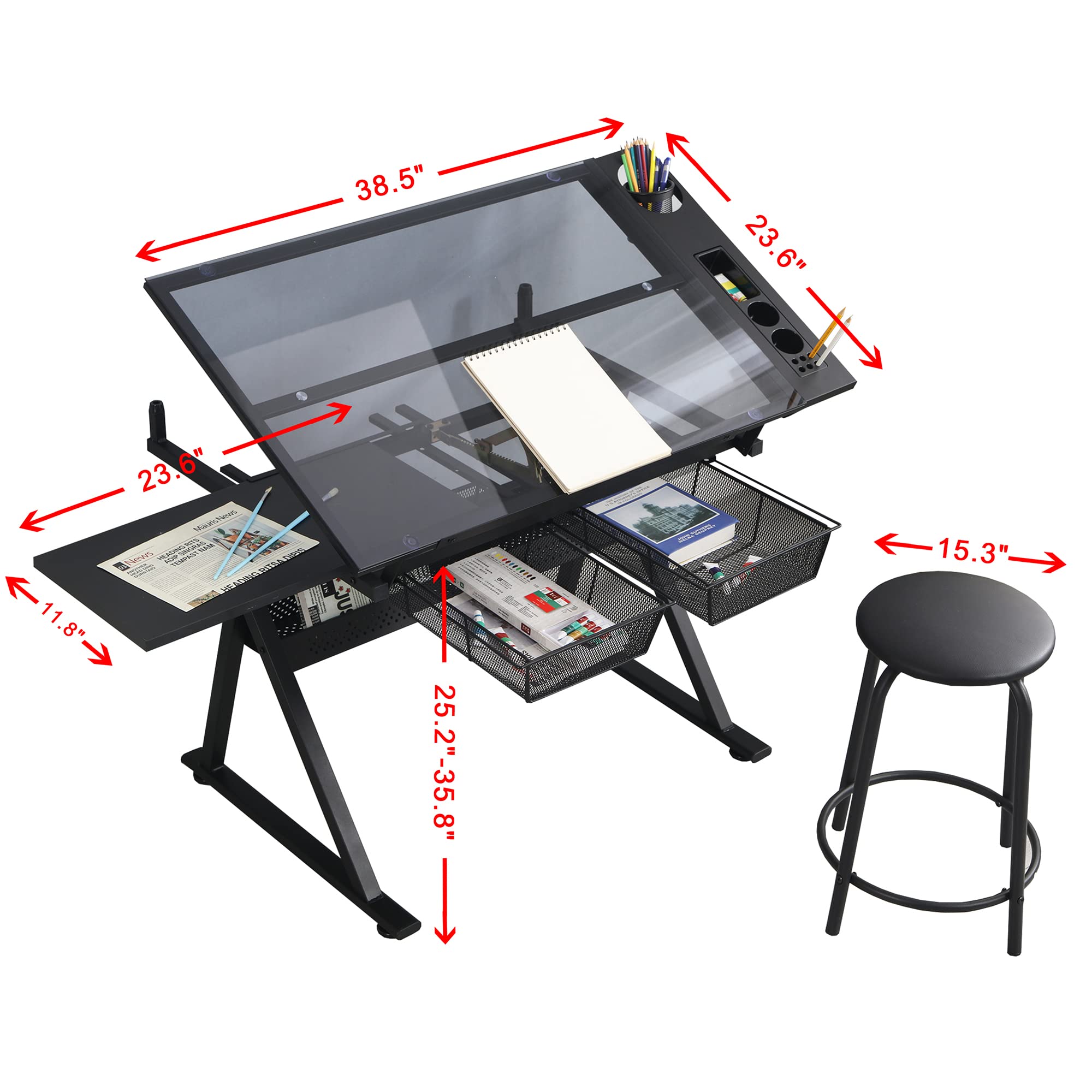LifeSky Adjustable Drafting Table for Artists - Glass Top Art Drawing Desk with Storage for Painting, Sketching & Illustration - Perfect for Painters, Illustrators, Cartoonists & Designers (Black) - Ideal for Home Studios, Art Classes & Professional Workspaces