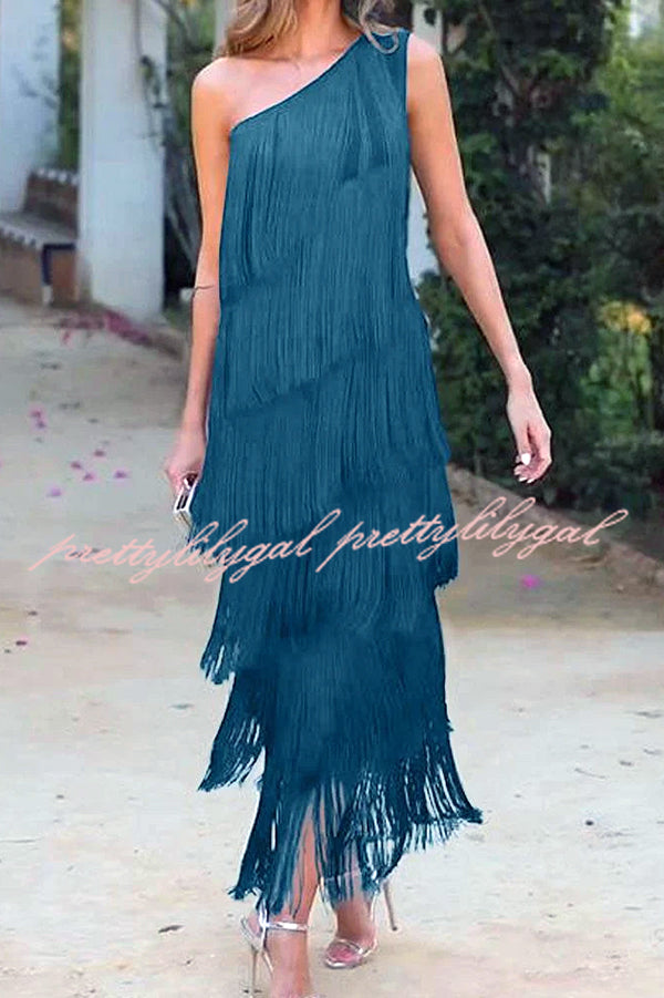 Elegant Fringed One Shoulder Asymmetric Midi Dress for Women - Boho Chic Party, Cocktail & Evening Wear - Perfect for Weddings, Date Nights & Special Occasions