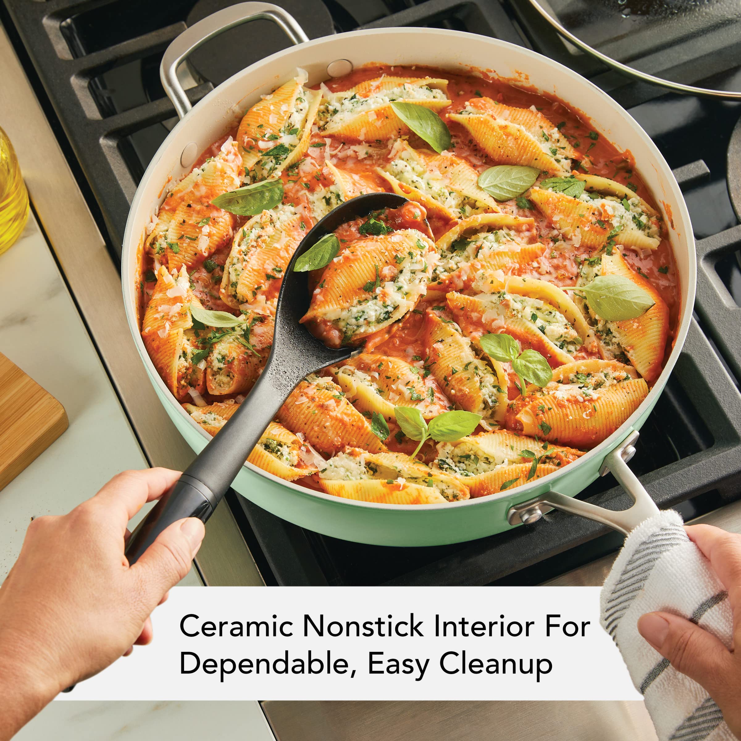 KitchenAid 5-Quart Nonstick Sauté Pan - Hard Anodized Ceramic Cookware with Shatter-Resistant Glass Lid & Riveted Handle - Even Heat Distribution, Oven Safe to 500°F, Easy to Clean - Pistachio Green - Perfect for Sautéing, Frying, and Simmering in Modern Kitchens