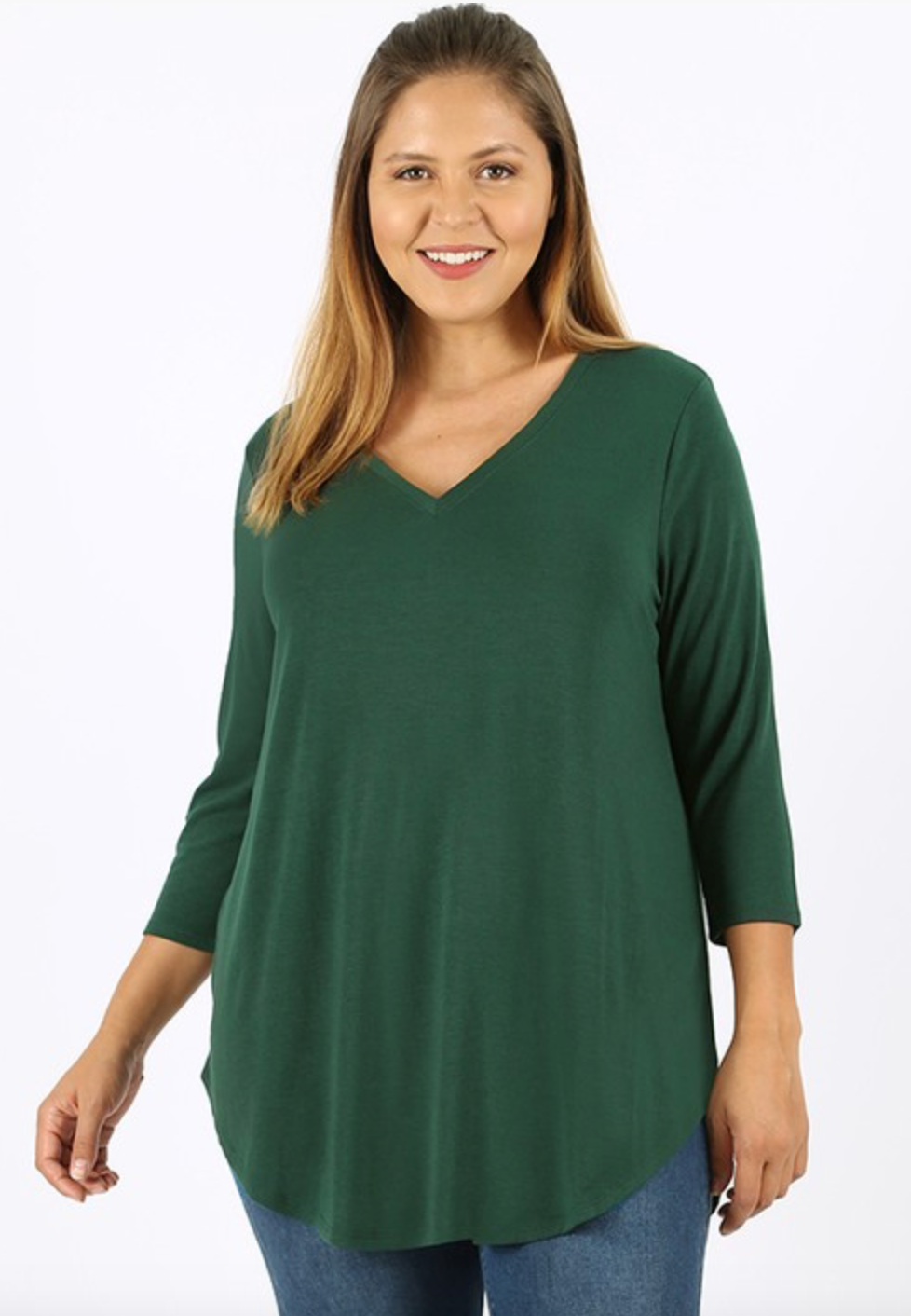 Plus Size 3/4 Sleeve V Neck Scoop Front & Back Flowy Blouse - Comfortable Women's Tops for Work, Casual Outfits & Special Occasions