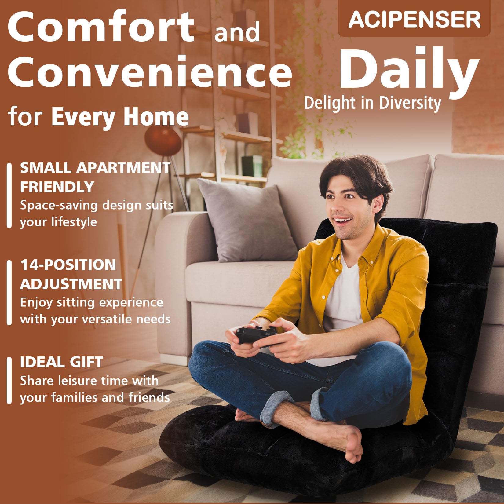 14-Position Adjustable Folding Floor Chair with Cushion - Breathable Cotton & Skin-Friendly Flannel - Perfect for Reading, Meditation, Yoga & Relaxation - Great for Adults & Kids - Black (Ideal for Living Room, Bedroom, Dorm & Office Use)