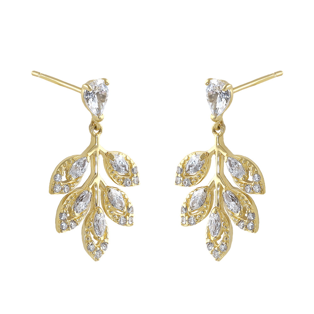 14K Solid Gold Leaf Drop Dangle Earrings with CZ Stones - Elegant Jewelry for Women, Perfect for Weddings, Parties & Everyday Wear