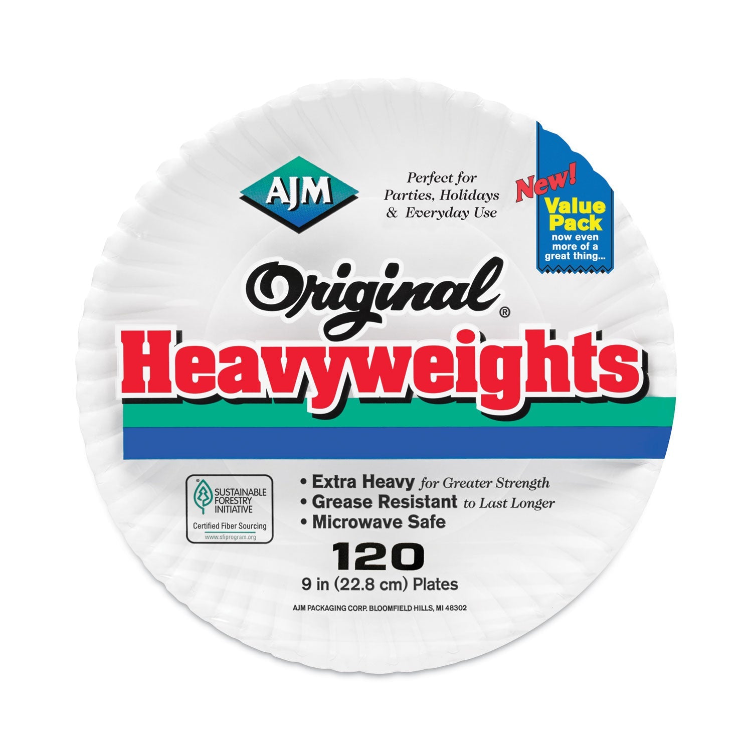 AJM Packaging Heavyweight Paper Plates 9 Inch - 120 Count (Pack of 8) - Premium White Disposable Plates for Parties, Picnics & Catering Events