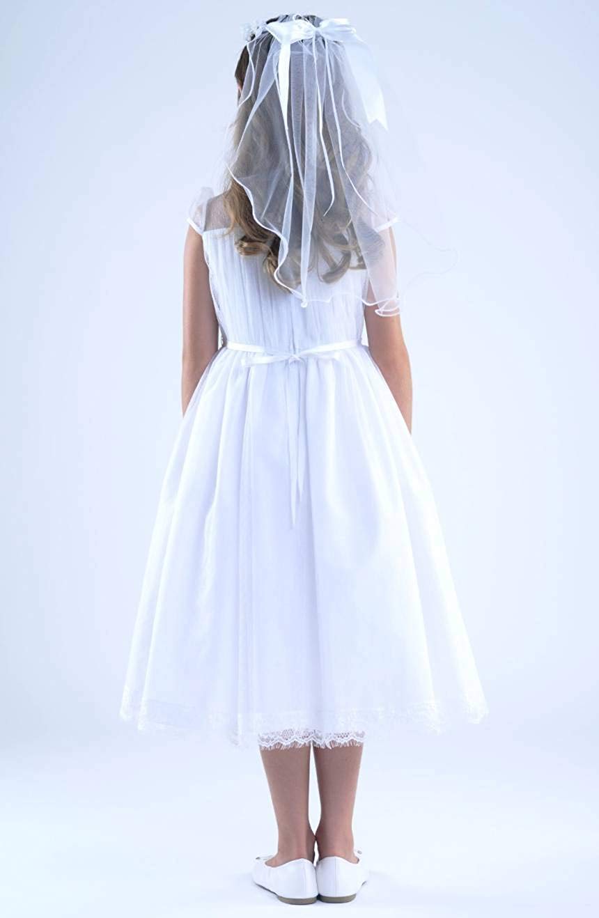 White First Holy Communion Dress Tea Length with Sleeves - Flower Girl Dresses for Girls Age 7-16 - Princess Style for Church Ceremonies & Special Occasions