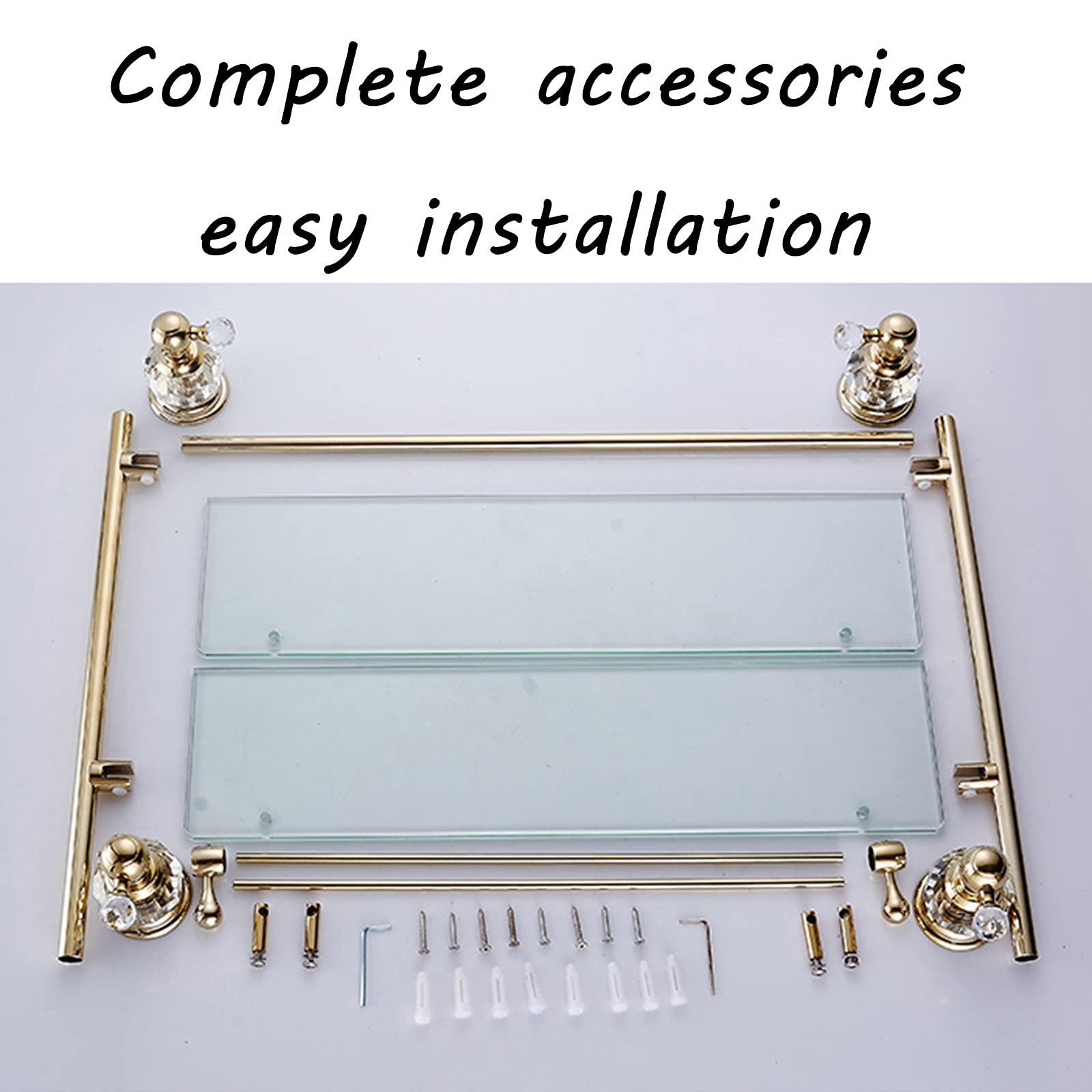 XXIOJUN 57x12cm Gold Tempered Glass Bathroom Shelf - Wall Mounted with Towel Bar, 10kg Load Capacity - Perfect for Shower, Vanity & Bathroom Organization (3 Colors Available)