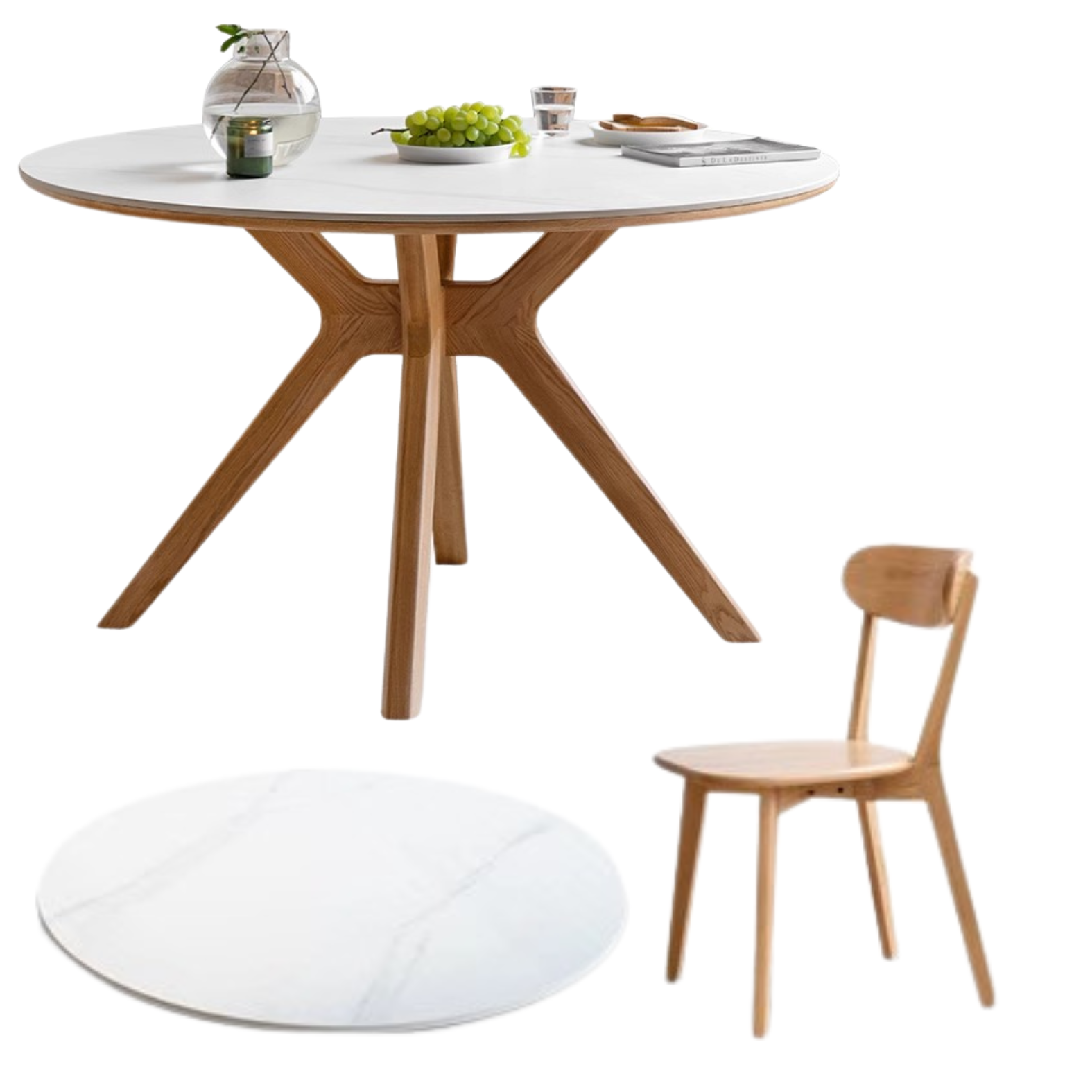 Solid Oak Wood Round Nordic Dining Table with Rock Slab Surface - Modern Farmhouse Kitchen & Dining Room Furniture for Family Gatherings