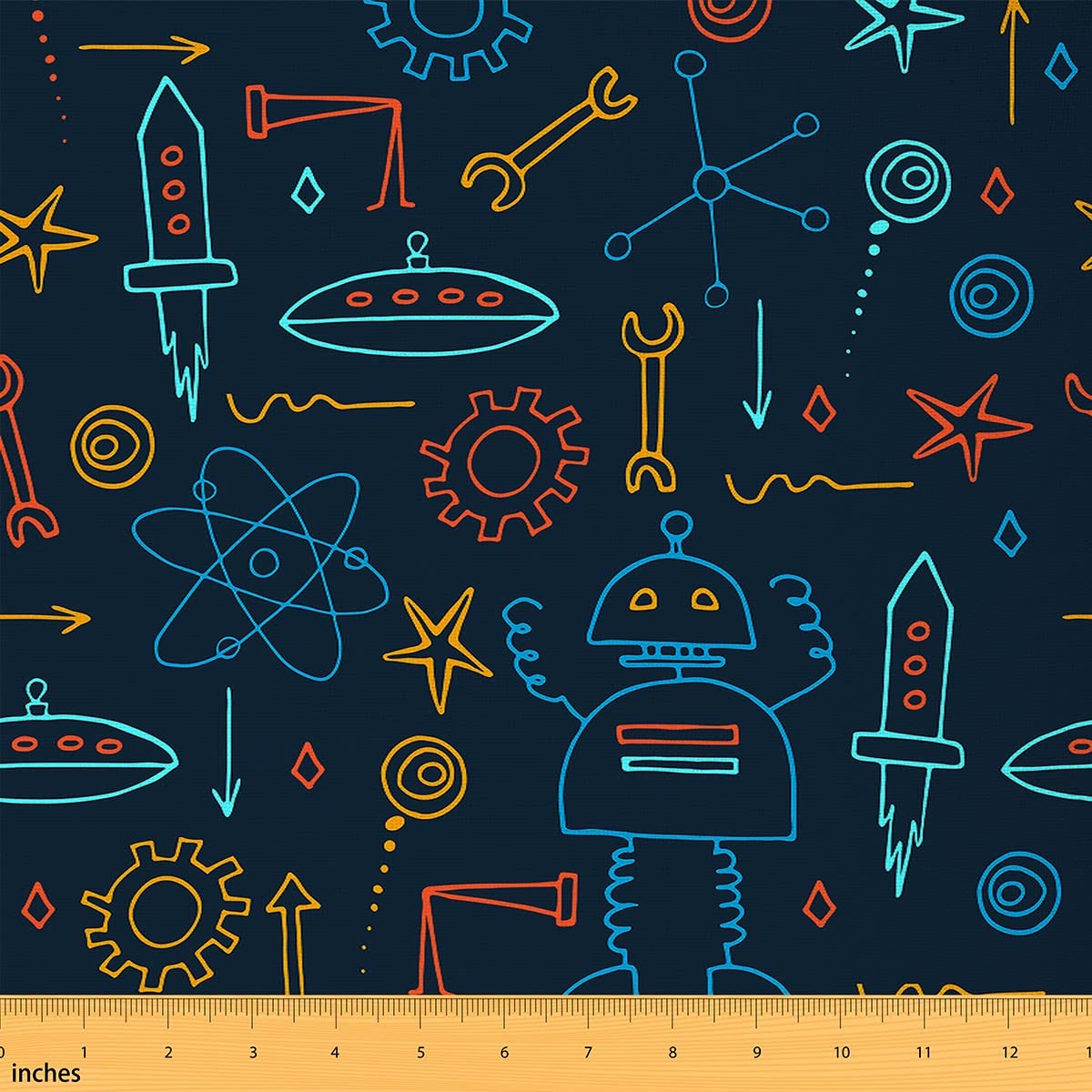 Cartoon Robot Fabric by The Yard - Blue Orange Rocket Print Cotton Fabric for Quilting, Sewing, DIY Clothing & Upholstery - Science Themed Decorative Fabric for Chairs, Crafts, Patchwork & Gear Machine Projects (10 Yards) - Perfect for Kids' Room Decor, Science Fair Backdrops & Unique Gift Wrapping