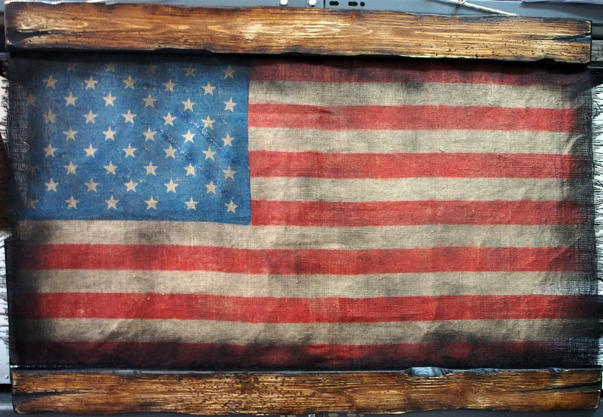 Vintage American Flag Wall Art - Handmade Rustic USA Flag Decor Painted on Distressed Burlap & Wood - Custom Patriotic Home Decor for Living Room, Office, or Gift