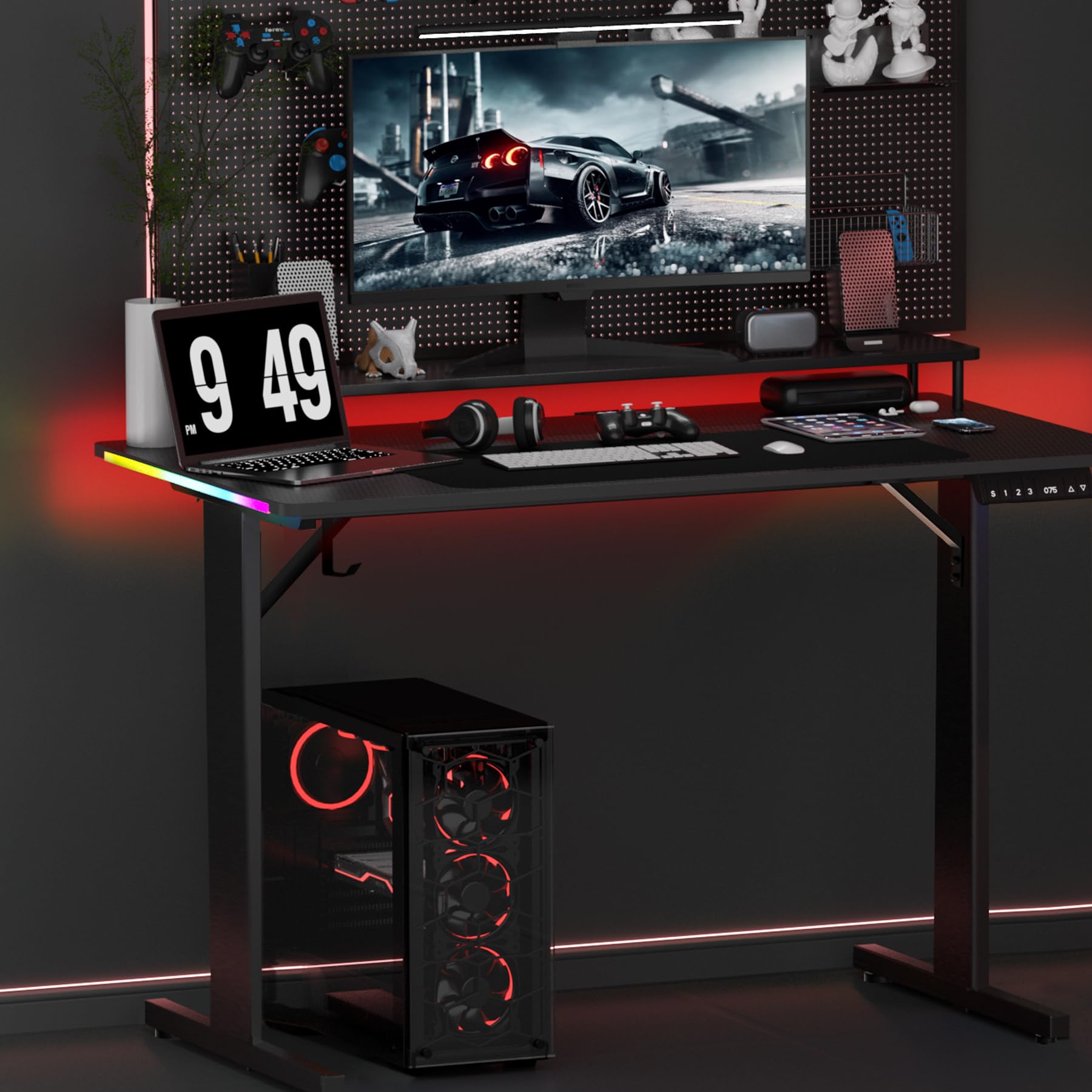 GTRACING 55 Inch Gaming Desk with LED Lights - Large Computer Desk with Mouse Pad, Carbon Fiber Surface, Headphone Hook - Perfect for Home Office & PC Gaming Workstations (Black)
