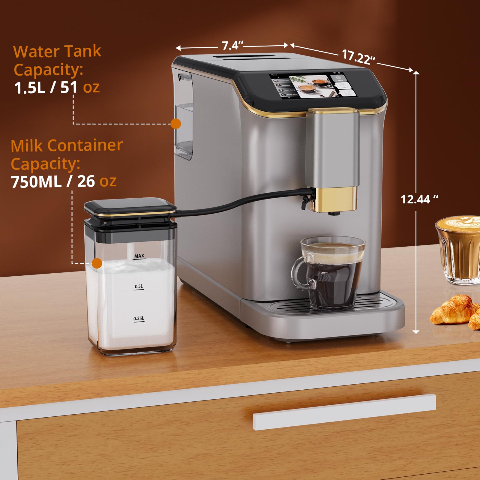 Automatic Espresso Coffee Machine with Built-in Grinder & Milk Frother - 20 Bar Pressure, TFT Touch Screen for Latte, Cappuccino & Americano (Silver/Gold) - Perfect for Home Baristas & Coffee Shops