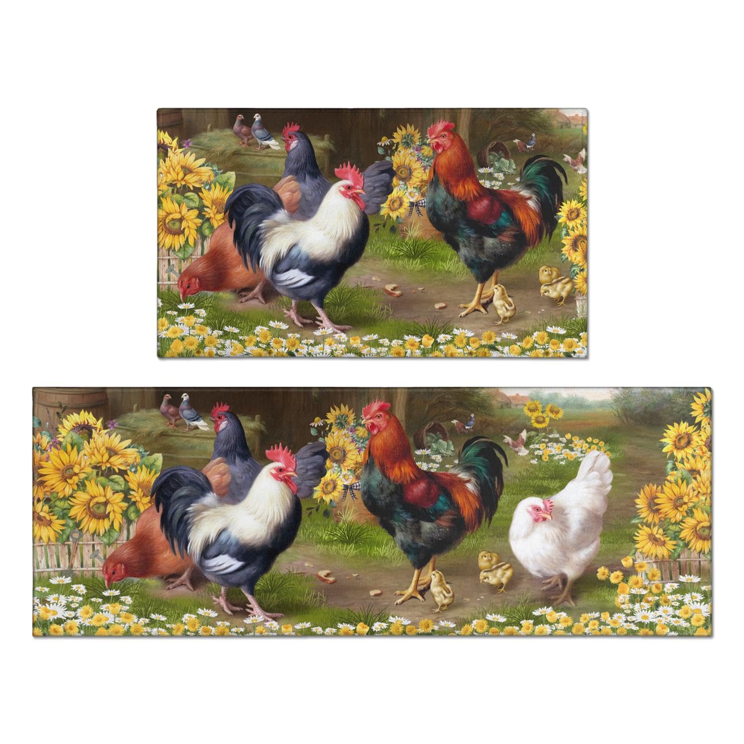 Rooster & Sunflower Farmhouse Kitchen Rug Set - 2-Piece Non-Slip Washable Floor Mats (17