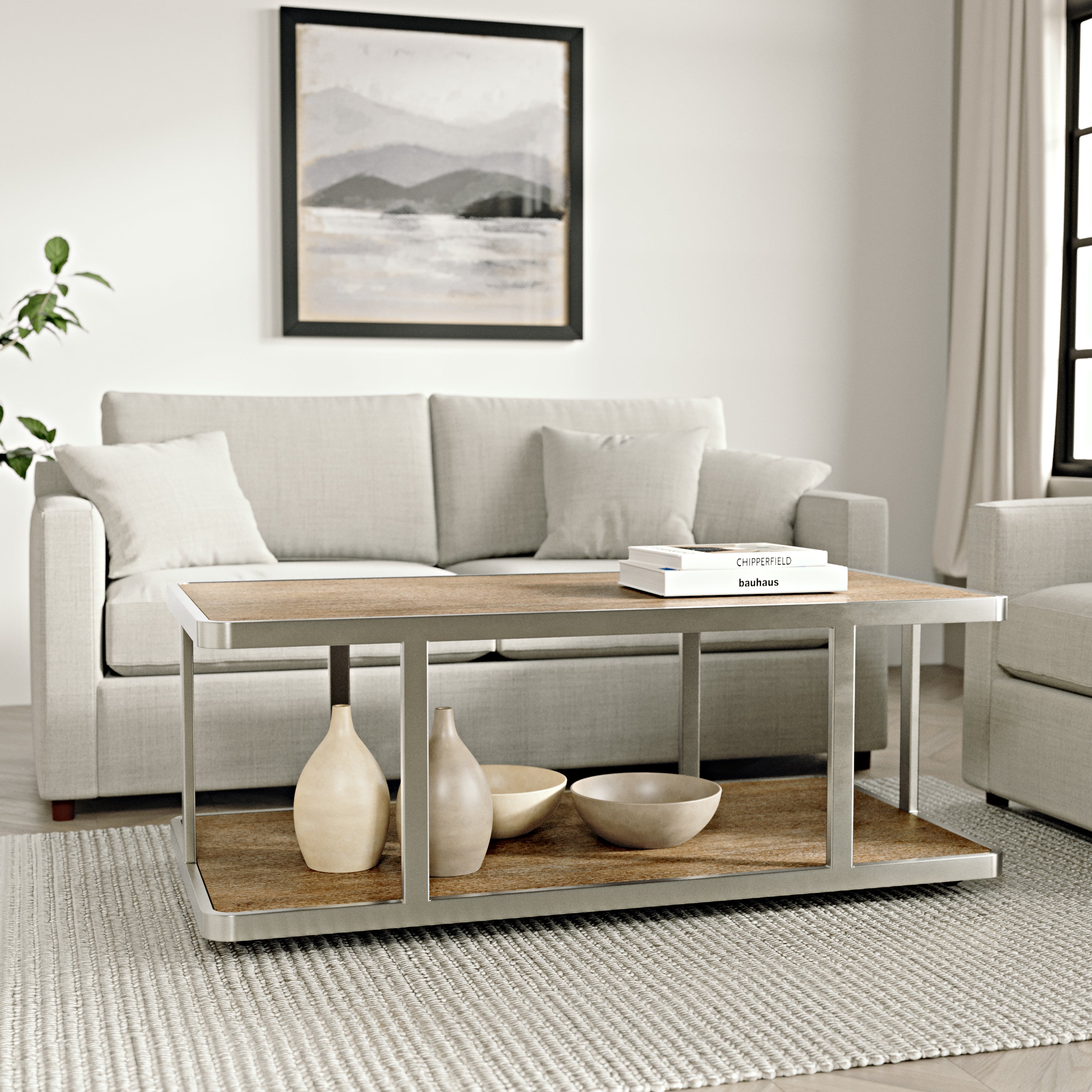 Roundhill Furniture Allan Contemporary Coffee Table - Polished Nickel Finish - Modern Living Room Centerpiece for Home Decor