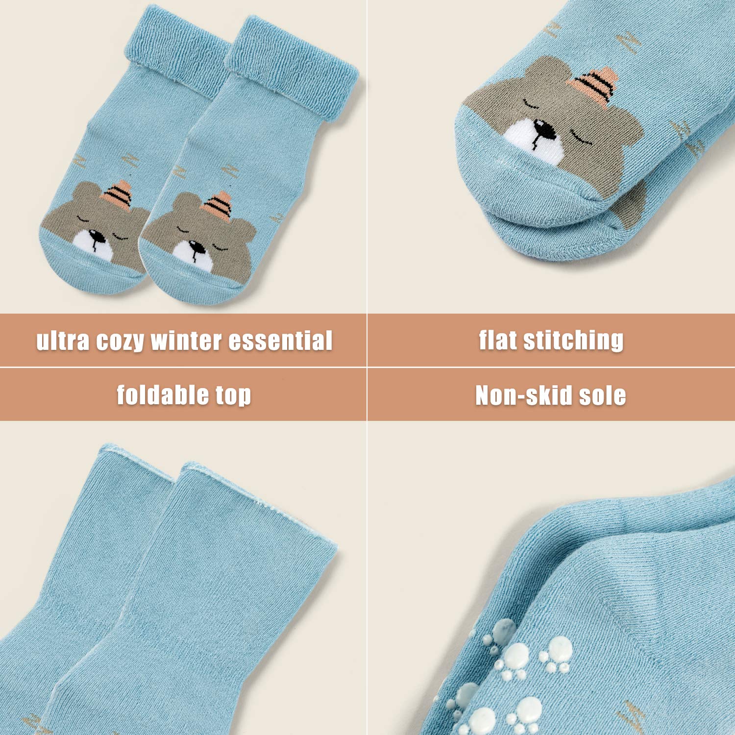 **Baby Winter Warm Socks for Boys & Girls - 6 Pack Thick Non-Slip Terry Crew Socks (6-12 Months) - Cozy & Safe for Indoor Play, Crawling & Winter Outings**