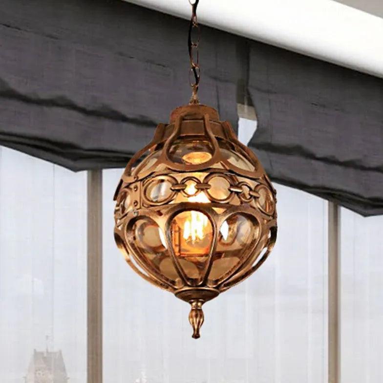 Vintage Spherical Carved Copper Pendant Light - Antique Style Ceiling Fixture for Dining Room, Kitchen Island & Bedroom Lighting