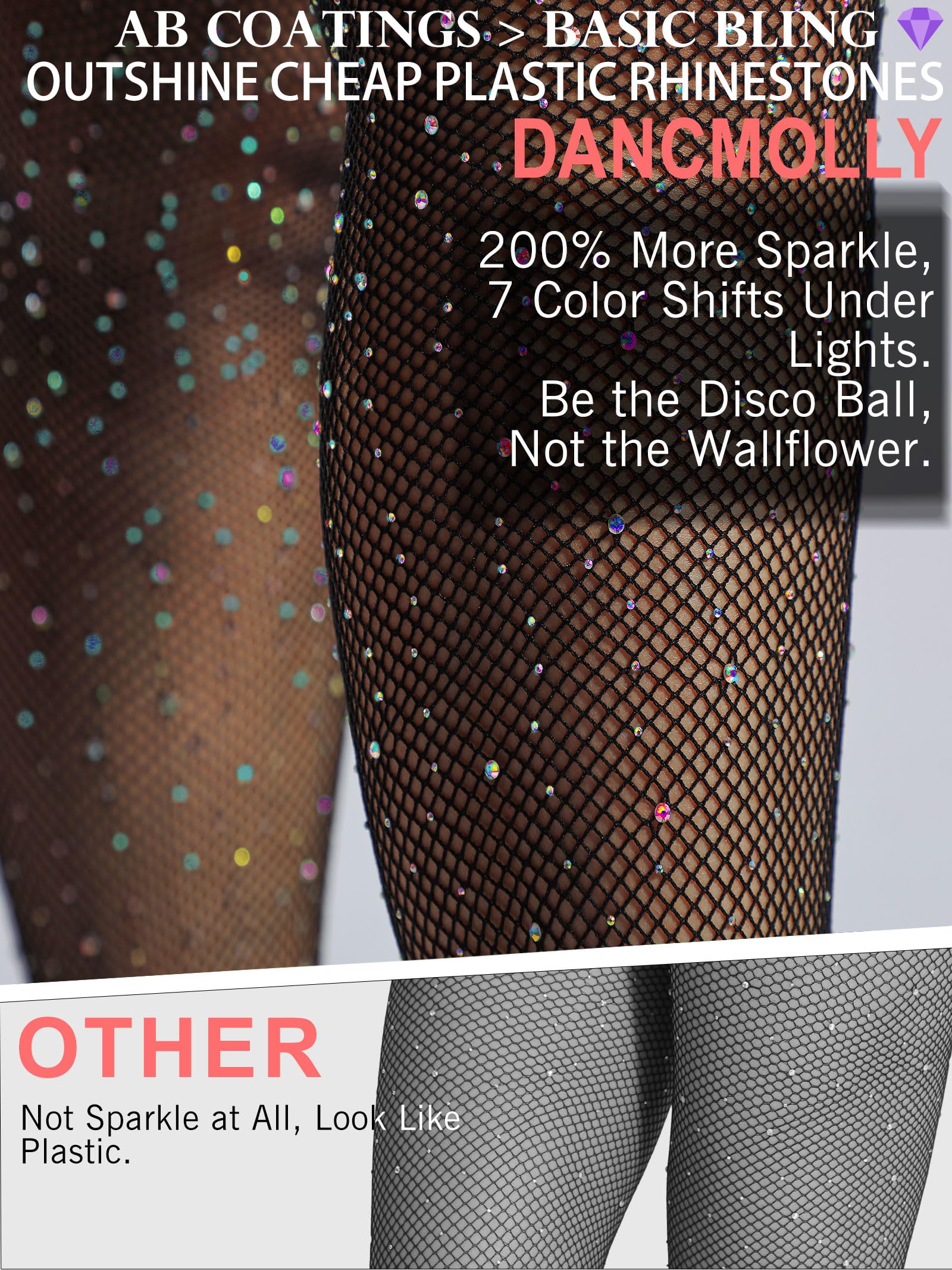 Sparkly Rhinestone Fishnet Stockings for Women - Ultra Strong No Snag Fishnet Tights | Sexy Rave Party, Concert & Nightclub Outfit | Perfect for Halloween, Cosplay & Dance Performances