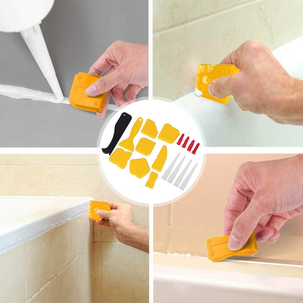 17-Piece Caulking Tool Kit with Silicone Sealant Finisher, 9 Glue Scrapers & Caulk Nozzles - Perfect for DIY Home Repairs, Bathroom Waterproofing & Tile Sealing