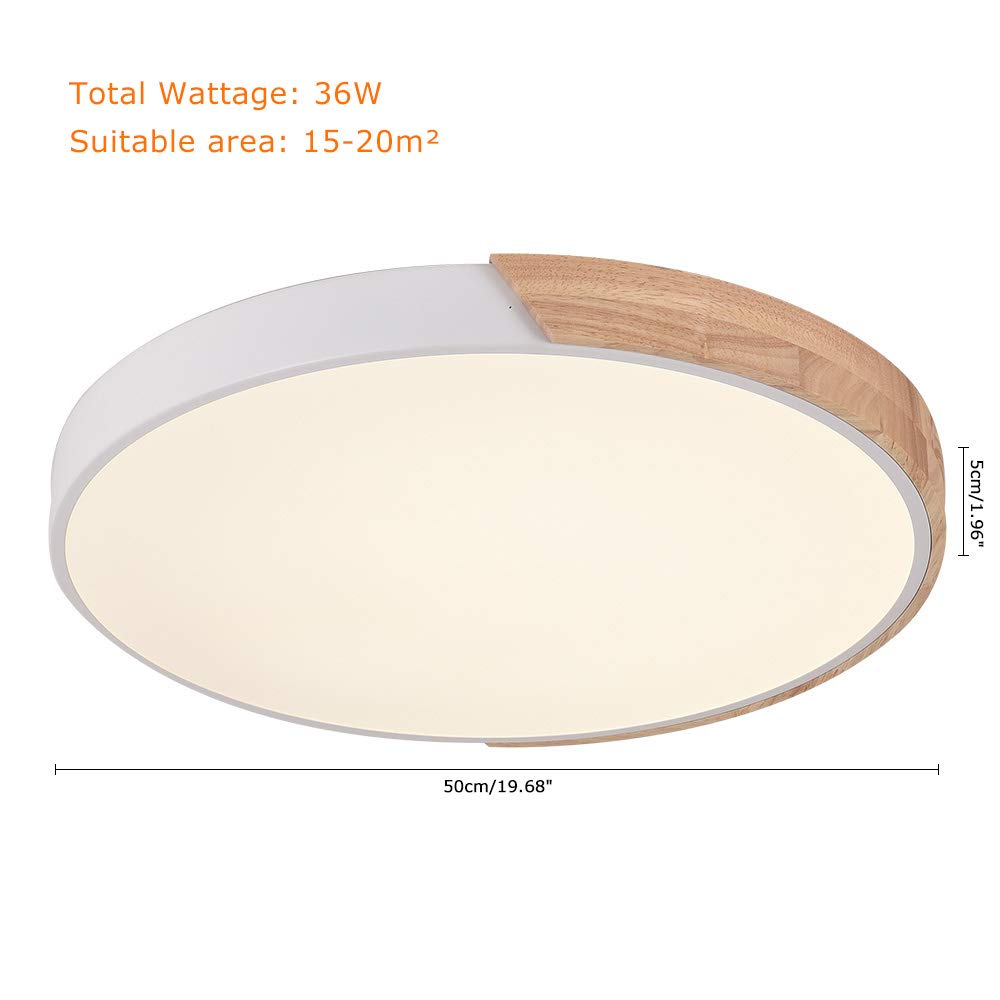 Modern Minimalist LED Flush Mount Ceiling Light - 19 Inch Round Dimmable Fixture with Remote Control (Wood, Metal & Acrylic, White) - Perfect for Living Room, Bedroom, Kitchen and Office Lighting