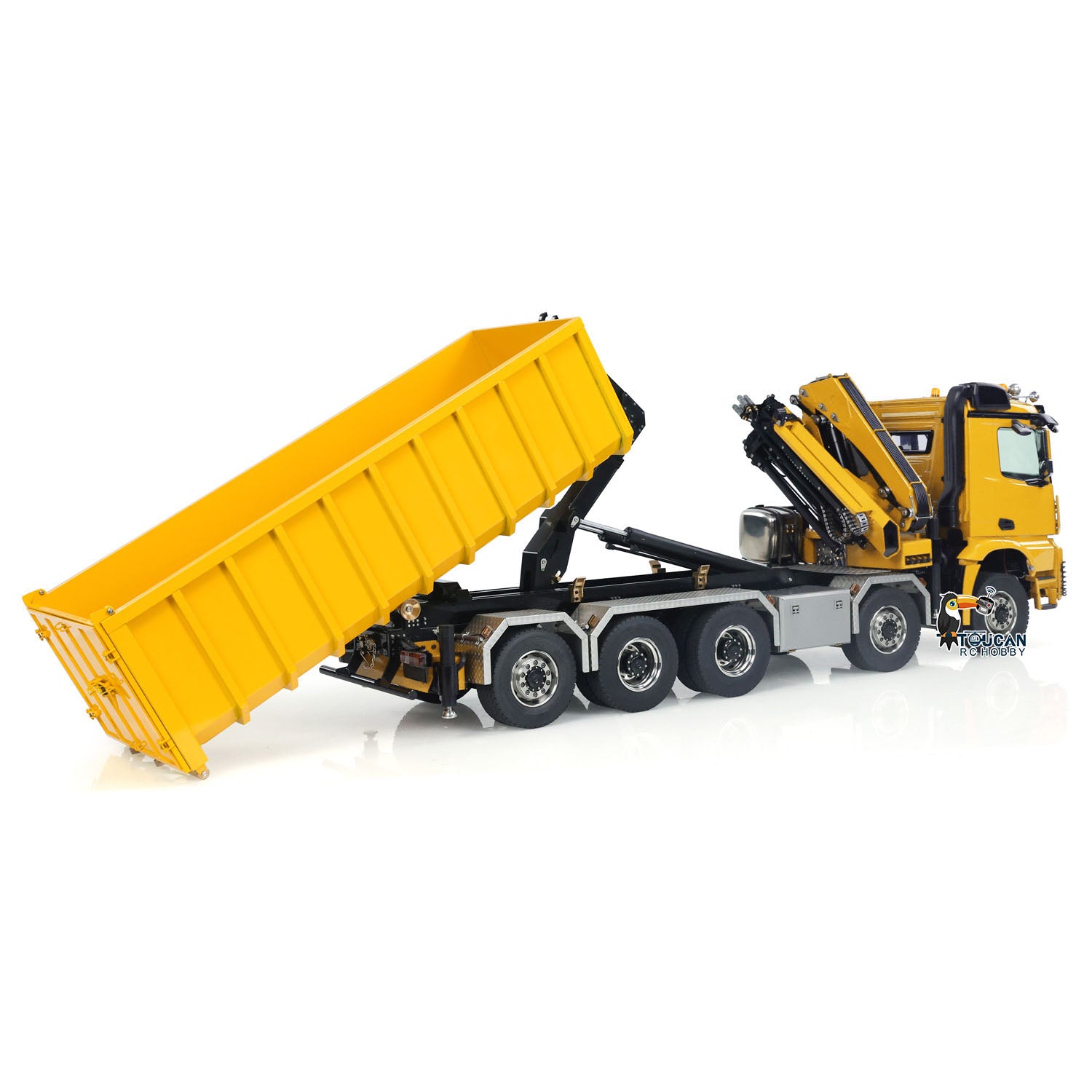1:14 Scale 10x10 RC Hydraulic Crane Truck - Full Dump Metal Lorry with Rear Axle Steering & U-Shaped High-Standard Bucket & Timber Flatbed - Perfect for Construction Site Simulation, RC Hobbyists, and Collectors